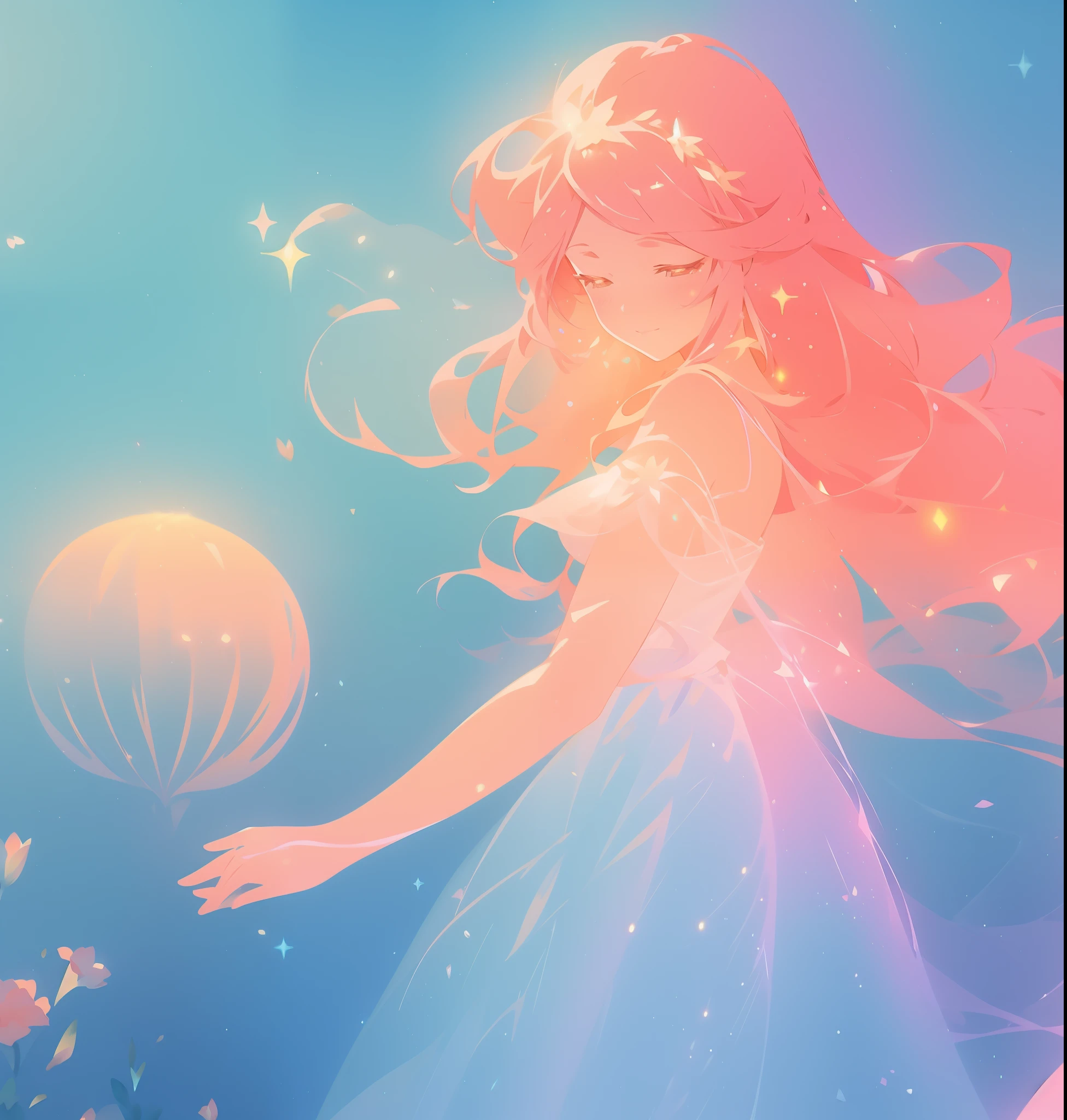beautiful girl in sparkling flowing dress, long flowing pink hair, colorful fantasia background, watercolor illustration, disney art style, glowing aura around her, glowing lights, beautiful digital illustration, fantasia otherworldly landscape plants flowers, beautiful, masterpiece, best quality, anime disney style