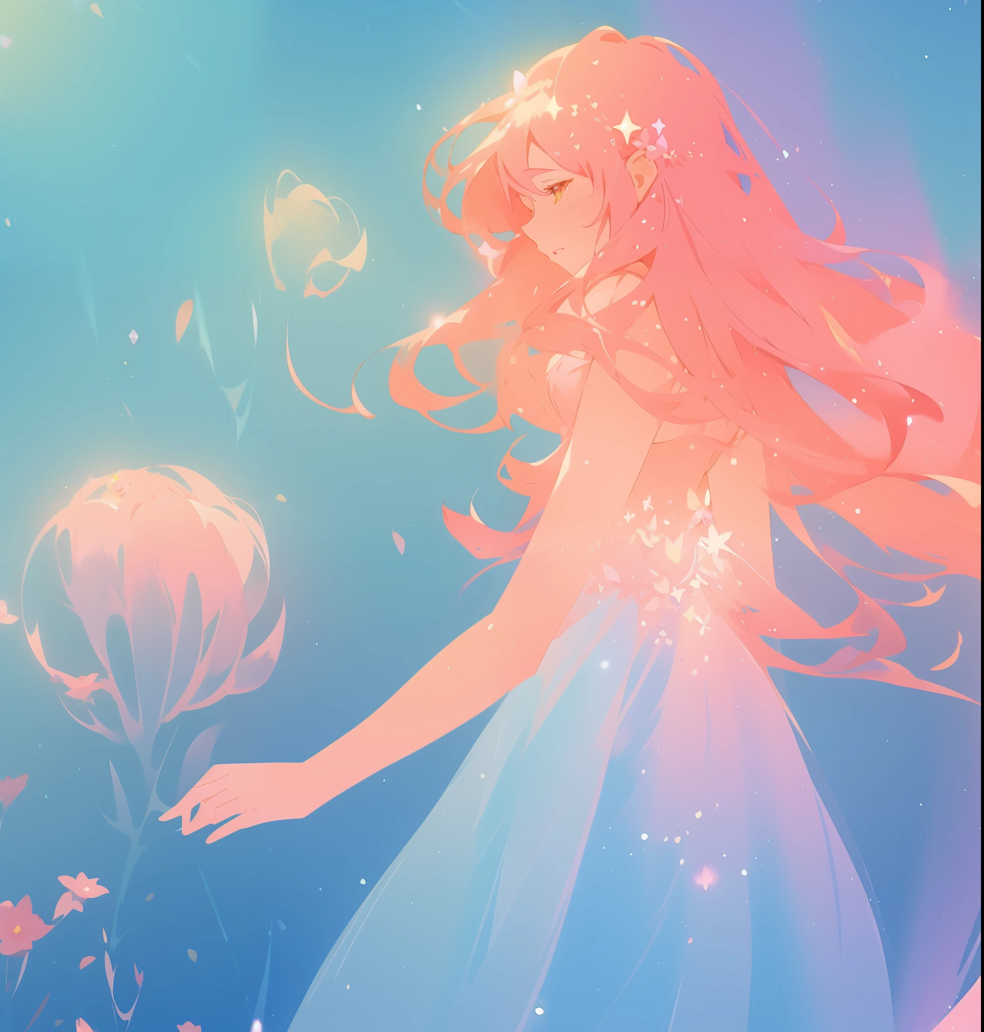 beautiful girl in sparkling flowing dress, long flowing pink hair, colorful fantasia background, watercolor illustration, disney art style, glowing aura around her, glowing lights, beautiful digital illustration, fantasia otherworldly landscape plants flowers, beautiful, masterpiece, best quality, anime disney style