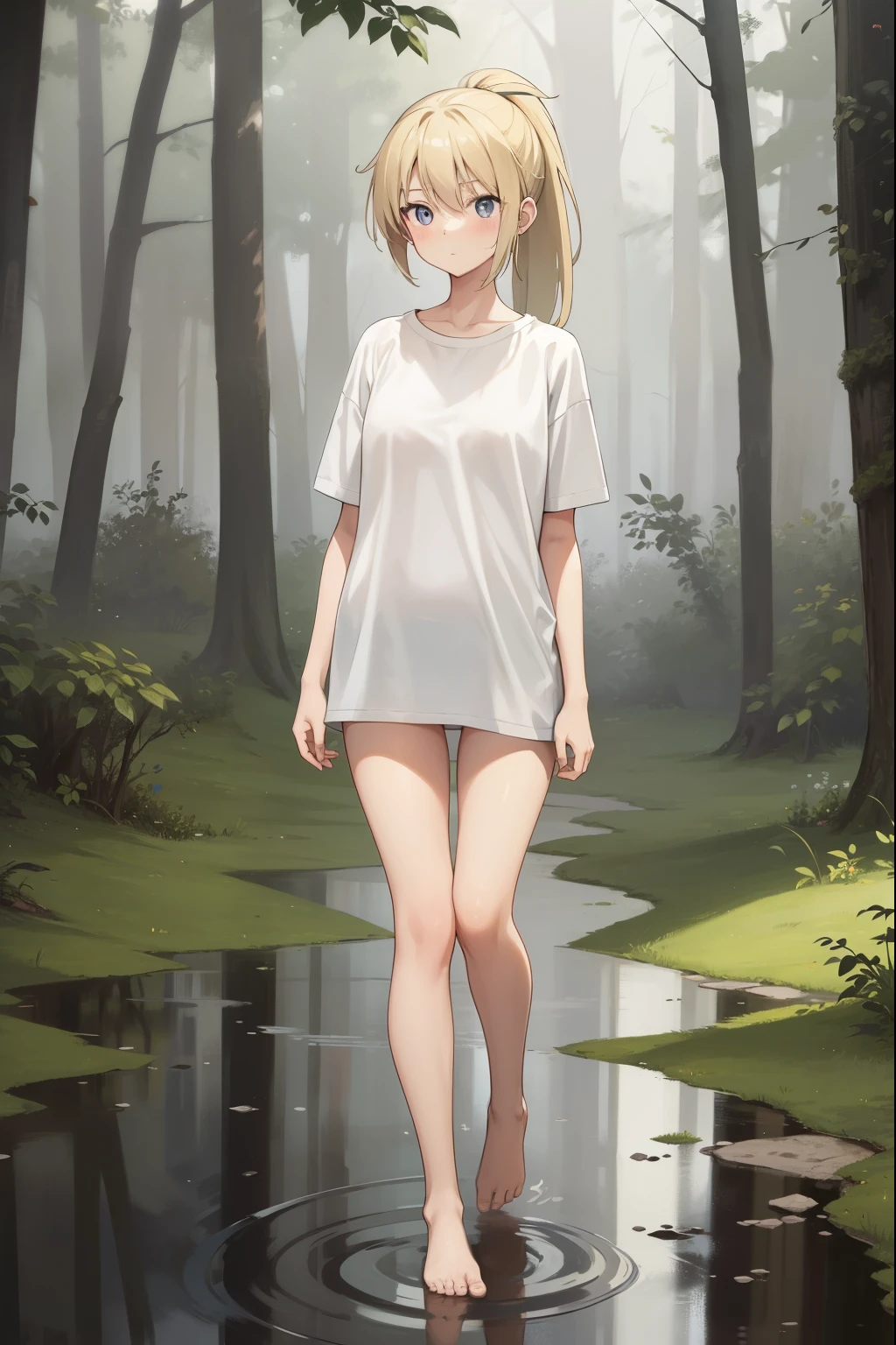 full body figure,1 girl,blonde,ponytail,Long white T-shirt,not wearing pants,barefoot,blush,walk,forest,puddle,fog,