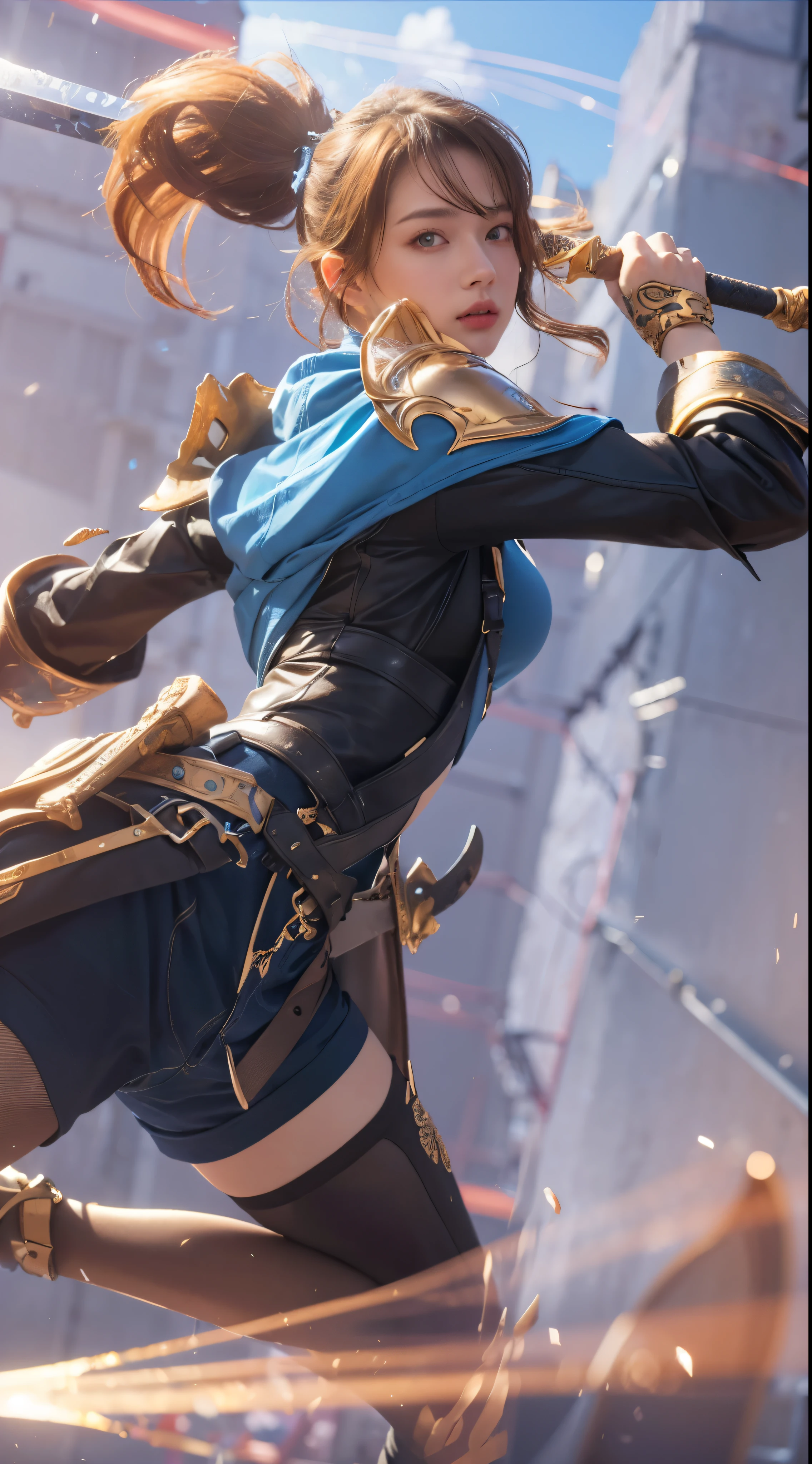 (best quality,4k,8k,highres,masterpiece:1.2),ultra-detailed,(realistic,photorealistic,photo-realistic:1.37),portraits,artgerm,1girl,brunette hair,blue eyes,blue and black outfit,sword,holding a sword