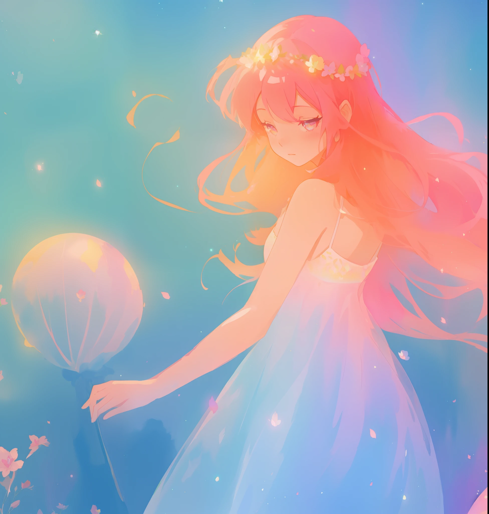 beautiful girl in sparkling flowing dress, long flowing pink hair, colorful fantasia background, watercolor illustration, disney art style, glowing aura around her, glowing lights, beautiful digital illustration, fantasia otherworldly landscape plants flowers, beautiful, masterpiece, best quality, anime disney style