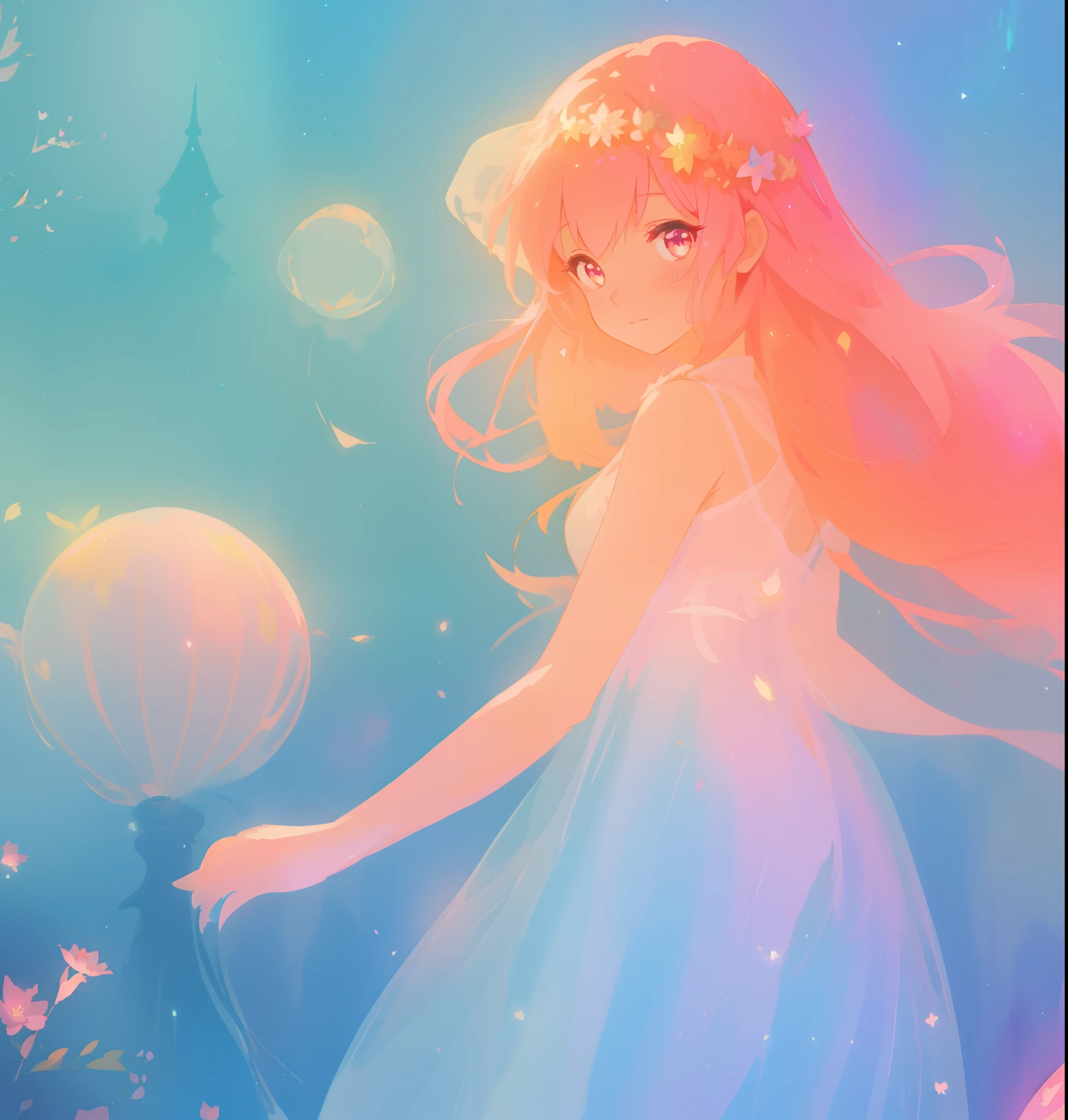 beautiful girl in sparkling flowing dress, long flowing pink hair, colorful fantasia background, watercolor illustration, disney art style, glowing aura around her, glowing lights, beautiful digital illustration, fantasia otherworldly landscape plants flowers, beautiful, masterpiece, best quality, anime disney style