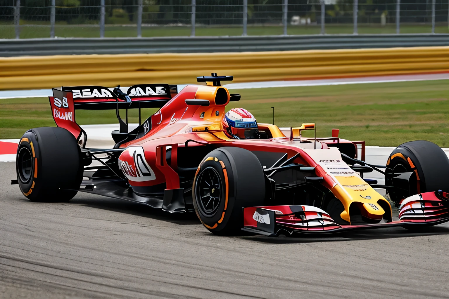 Formula Arafid racing car with red and white flags on the track, f 1/3, f 1/4, f 1, F11:6, F / 1, F11:10, Formula 1, formula one car, f1 racing car blurred in background, f 1 1, F11, f 2 0, Dynamic，bright metallic color，Metallic feeling，best quality，masterpiece，（bright colors：1.2）