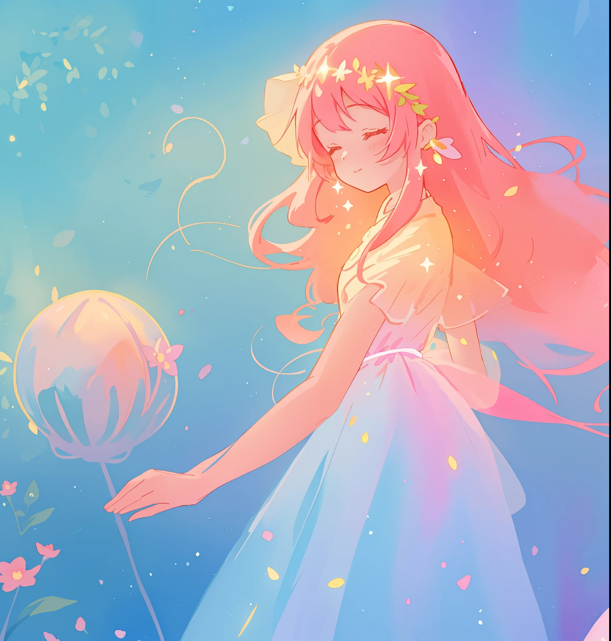 beautiful girl in sparkling flowing dress, long flowing pink hair, colorful fantasia background, watercolor illustration, disney art style, glowing aura around her, glowing lights, beautiful digital illustration, fantasia otherworldly landscape plants flowers, beautiful, masterpiece, best quality, anime disney style