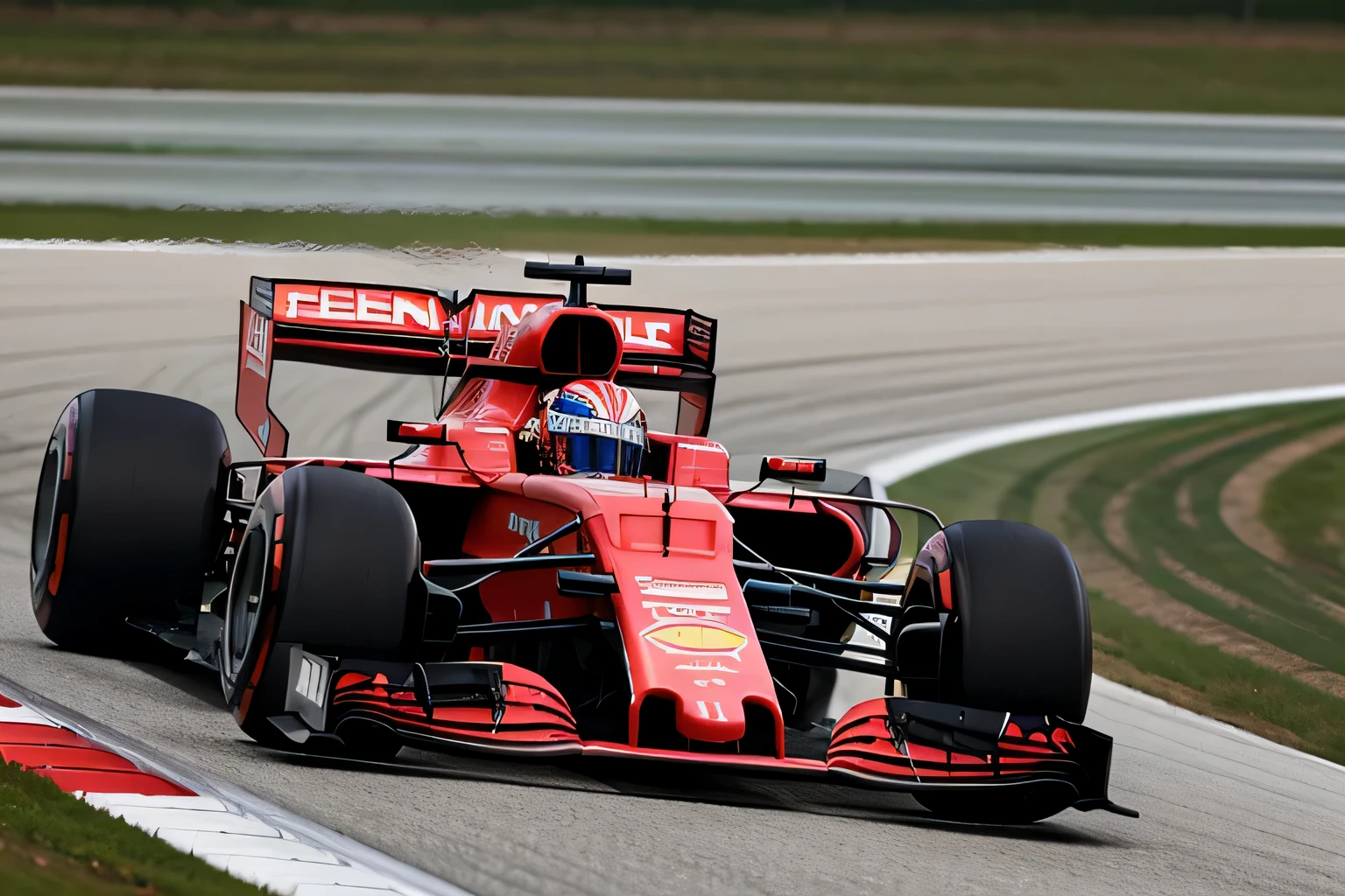 Formula Arafid racing car with red and white flags on the track, f 1/3, f 1/4, f 1, F11:6, F / 1, F11:10, Formula 1, formula one car, f1 racing car blurred in background, f 1 1, F11, f 2 0, Dynamic，bright metallic color，Metallic feeling，best quality，masterpiece，（bright colors：1.2）
