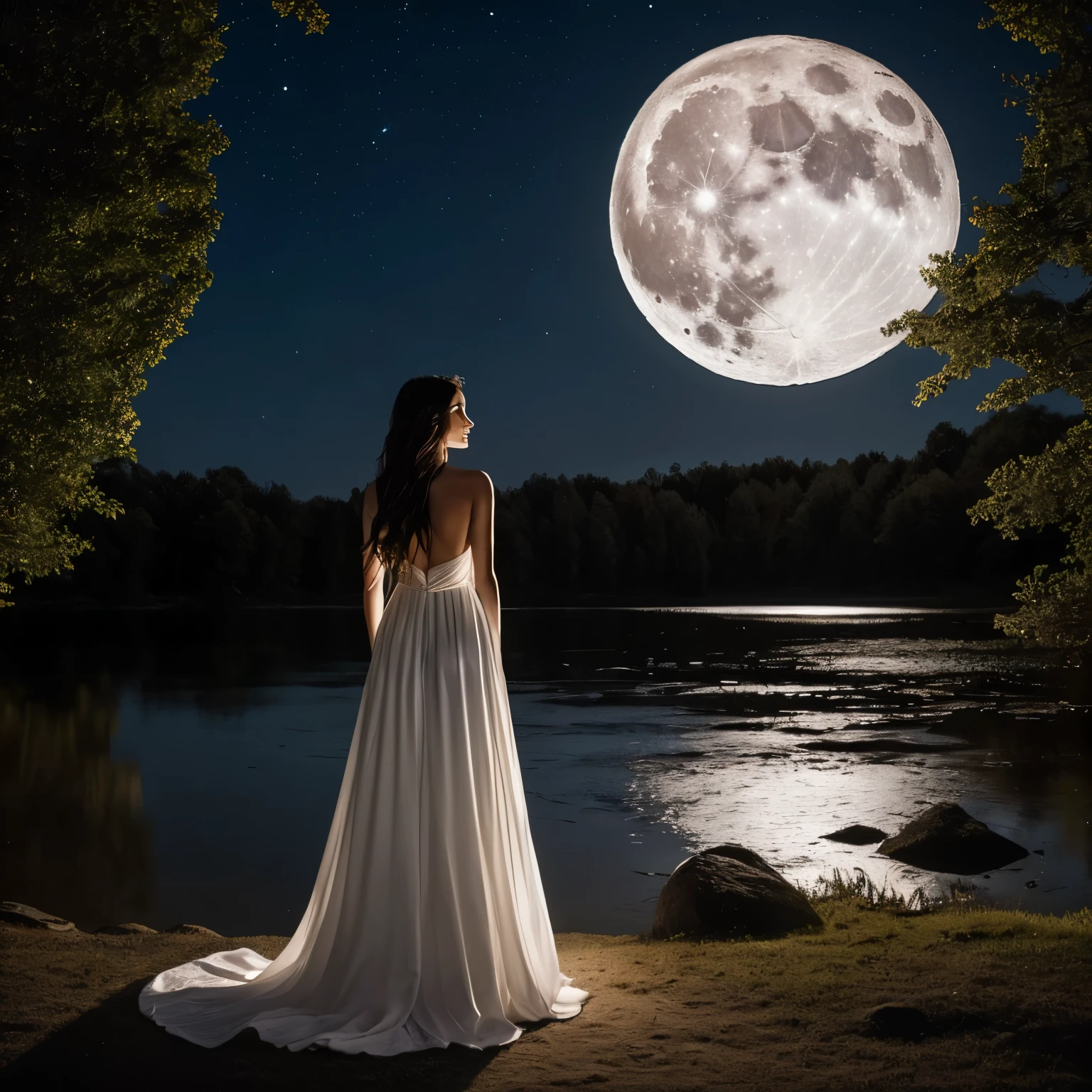 In the quiet night place, a full moon illuminates the serene surroundings, casting long, ethereal shadows. A woman, dressed in a flowing white gown, stands alone in the moonlit scene. Her long brunette hair cascades down her back, catching the soft glow of the moonlight. Her deep brown eyes reflect the brightness of the night sky. She gazes up at the moon, her bare shoulders exposed to the cool night air. A delicate necklace adorns her neck, the pendant catching the light from the moon. The realistic image of her face is illuminated by the gentle, dancing shadows of the moonbeams. The tranquil ambiance of the scene is further emphasized
