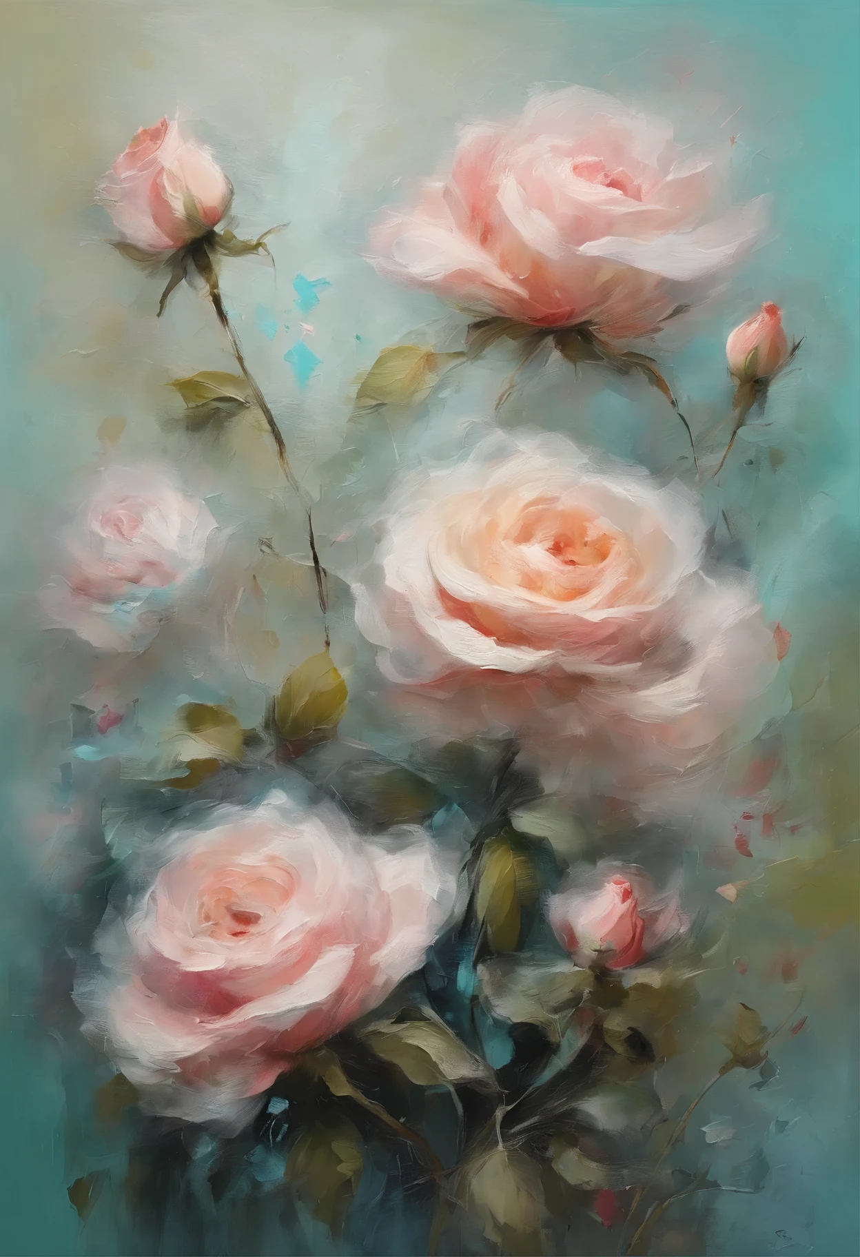 Fancy fancy elegant botanical rose floral minimalism with a wave of garden flowers flowing floating in hazy pink, Aqua green, Damascus pastel, smoke fractal, Bad moods and realist flowers, octane rendering, josephine art, Isabelle Juffey, Gene, Amy Castaño