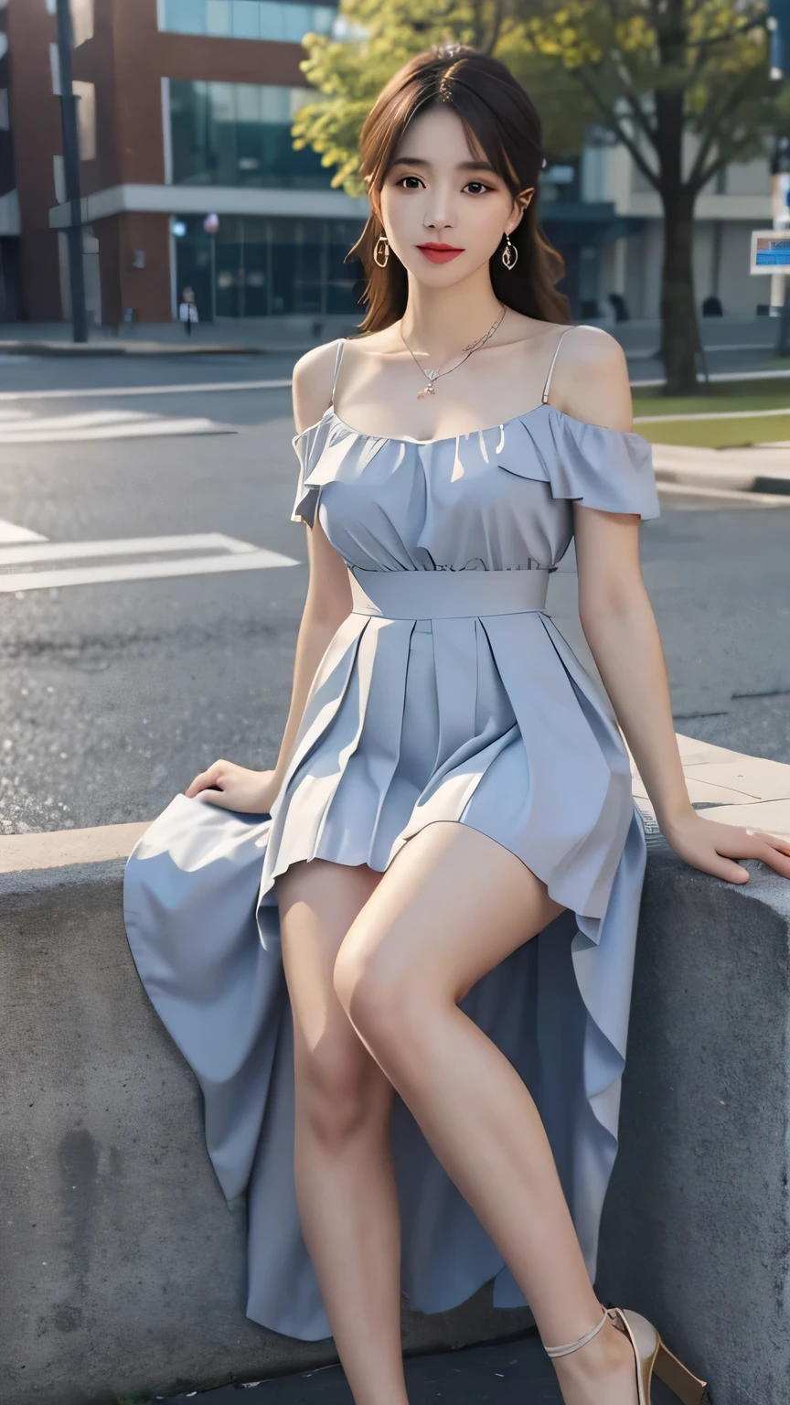 ((Jon,hair)), stand up, (Extremely exquisite and beautiful work), (masterpiece), 1 girl, Delicate pleated skirt,The shoulders are heavy,beautiful legs, Very detailed, 长hair,Full body female love, charming smile, beautiful and clear eyes, exquisite necklace, exquisite earrings, extremely detailed description, beautiful big breasts,The clothes were tightly wrapped,delicate face, Fine clavicle,charming lips, Behind Softnesix4,(8K, original photo, best quality, masterpiece:1.2), (realistically, Real shot:1.4), 1 girl, The square after the rain,Physically based rendering