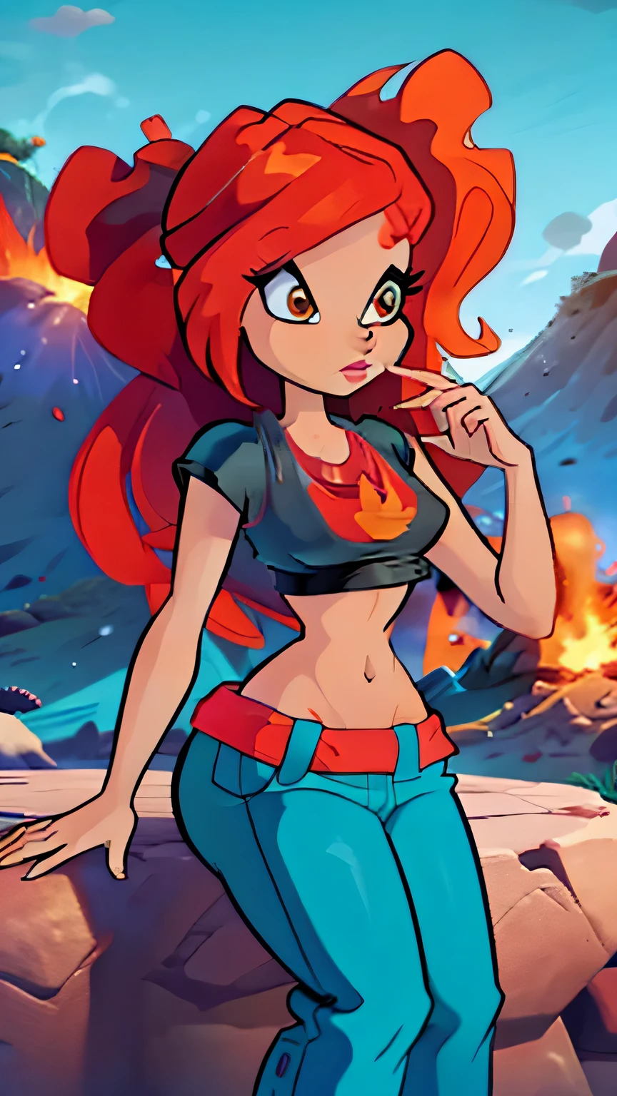 A big girl with a huge chest and red hair.. She wears a black top that shows her navel and underneath she wears blue pants and orange sneakers at the bottom of a volcano..
