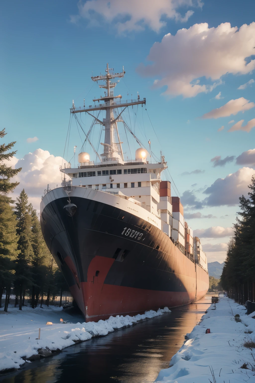 A landscape painting of a large cargo ship slowly navigating a narrow canal carved through towering, snow-capped mountains. Lush green forests line the canal banks, with a clear blue sky with wispy clouds overhead. In the distance, a wide river meets the canal, leading out to a vast ocean strait.
Time of day: sunset
Weather: Cloudy sky
Ship type: oil tanker,
Canal details: workers on the bank
Style: photorealistic