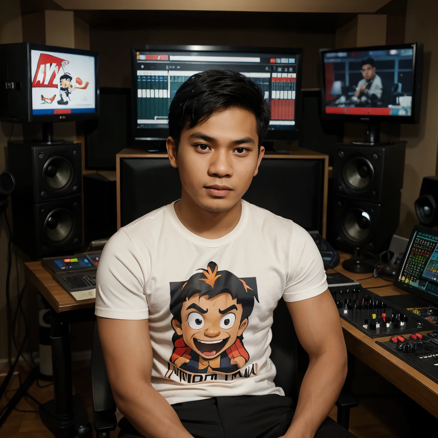 a reallistic caricature, a young Indonesian man sitting in front of a screen, a chest-high table in front of him, wearing a blazer and a t-shirt that says "ANT TOON CHANNEL", in a recording studio, apparently explaining something