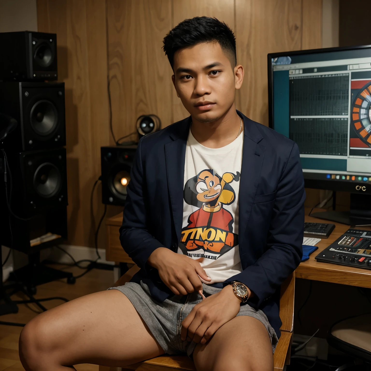 a reallistic caricature, a young Indonesian man sitting in front of a screen, a chest-high table in front of him, wearing a blazer and a t-shirt that says "ANT TOON CHANNEL", in a recording studio, apparently explaining something 