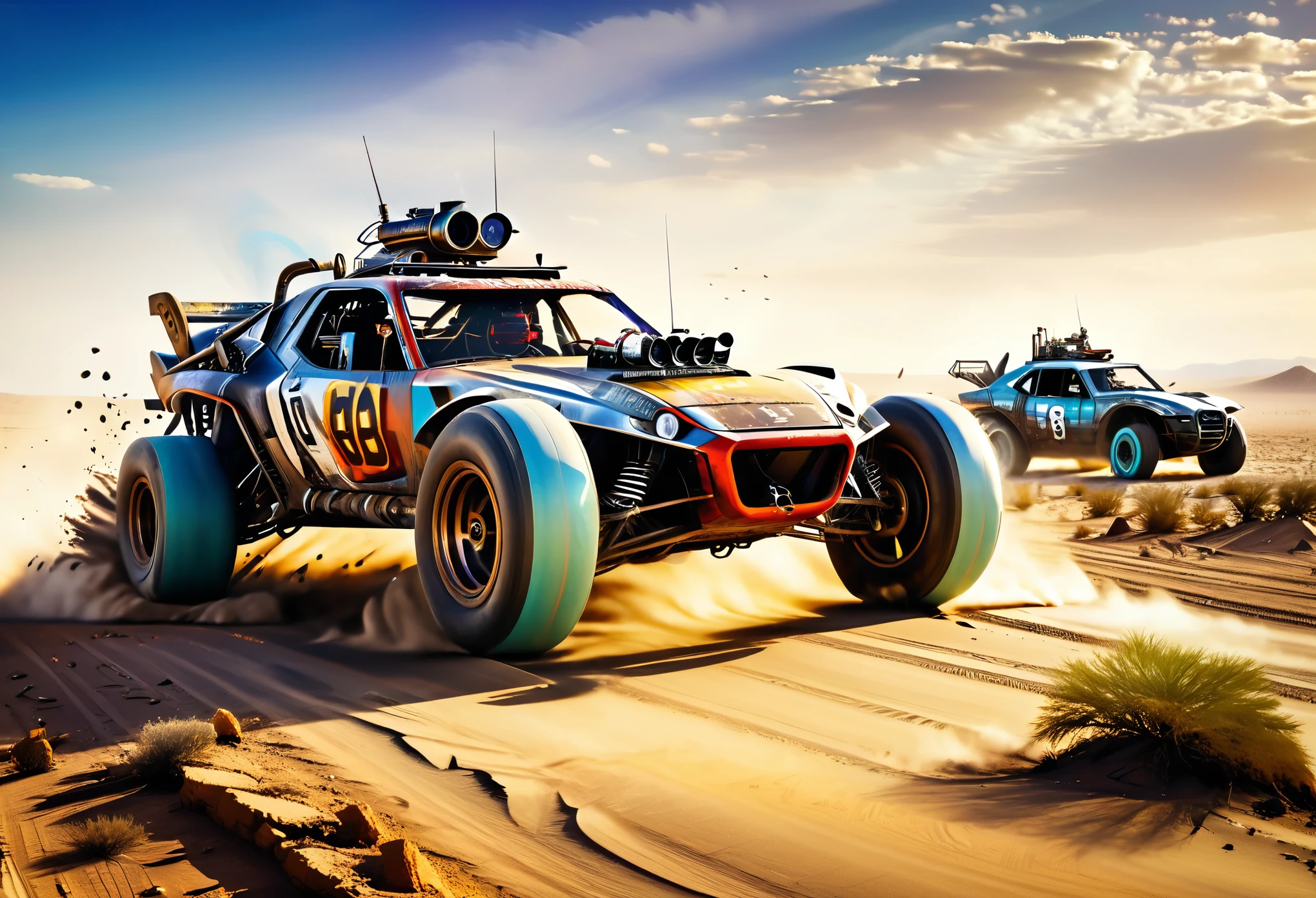 ((Racing Car:1.5, drone camera view:1.5, wide general shot:1.5)), ((3 cars running mad max style races, in the desert, among rubble, punk people watching the race on the sides of the road :1.5)) of the explosions illuminate the cars, 32k.