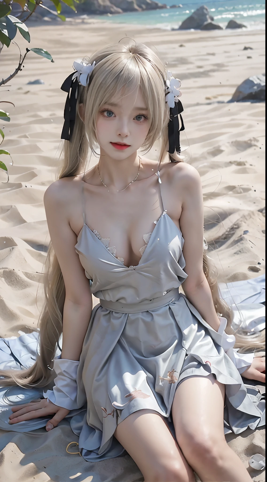 kasugano sora,long white hair,twintails,hair ribbon,hair ornament, (masterpiece, best quality:1.2), 1girl, solo, ((bare shoulders)), (actual:1.37), ((lying on a beach)), ((Bird&#39;s eye view shot)), Sweet maiden, beautiful妆容, Exquisite makeup, Extremely beautiful eyes, long hair, curls, slim body, ((big breasts, Big breasts, cleavage)), Sexy slender legs, The skirt is short, Leaking sexy legs, elegant posture, Dynamic posing, best quality, correct, correct的手, correct的腿, 解剖学correct, official art, complex, detail的脸, detail, lifelike, Very detailed, amazing, beautiful, Young and energetic, Charming model, Meticulous CG Uniform 8k wallpaper