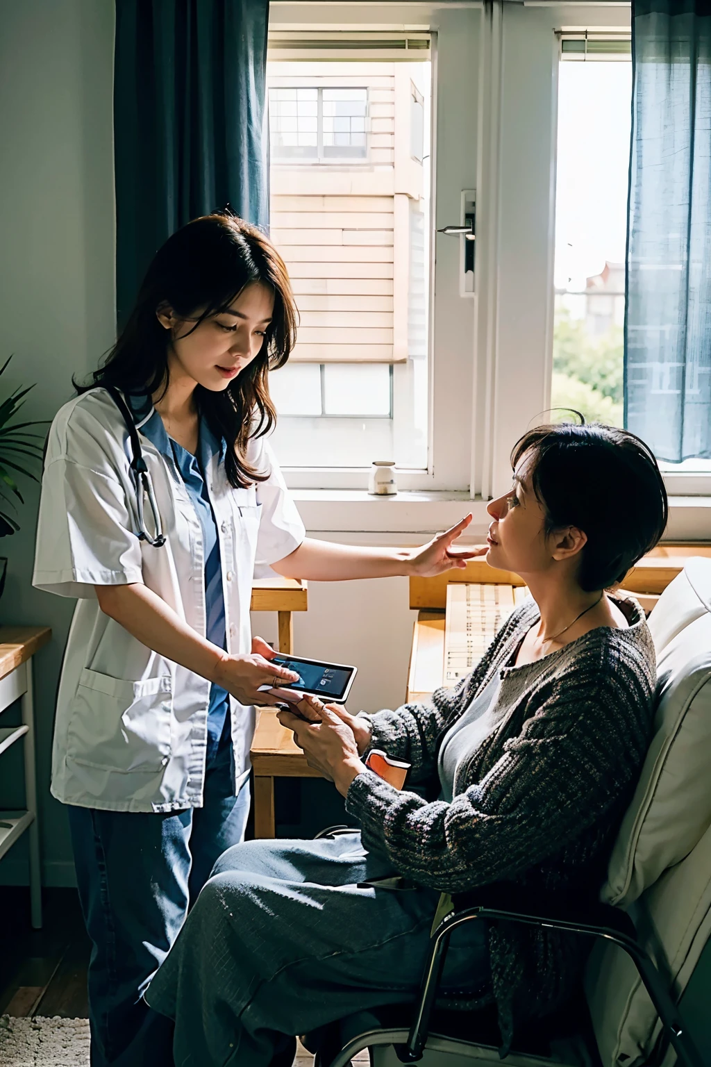 "Connected Care" is a vivid depiction of the modern landscape of healthcare at home. In the center of the image, a diverse group of individuals engages in telehealth consultations, their faces illuminated by the glow of digital screens. The expressions range from concern to relief, highlighting the emotional depth of these virtual interactions.
On one side, a caregiver assists with medication management, carefully reading prescriptions and ensuring proper dosage. The scene exudes a sense of trust and safety in the home environment.
On the other side, a tender moment unfolds as a family member provides care to a loved one, emphasizing the intimate dynamics of caregiving within the home.
Throughout the artwork, there are no visible logos or brand names, allowing the focus to remain on the authentic portrayal of home healthcare. The landscape orientation of the image enhances its narrative flow, inviting viewers to immerse themselves in the interconnected world of telehealth, self-care, and home caregiving.
"Connected Care" captures the essence of healthcare at home with clarity and compassion, showcasing the transformative impact of technology on personal well-being. Make it realistically