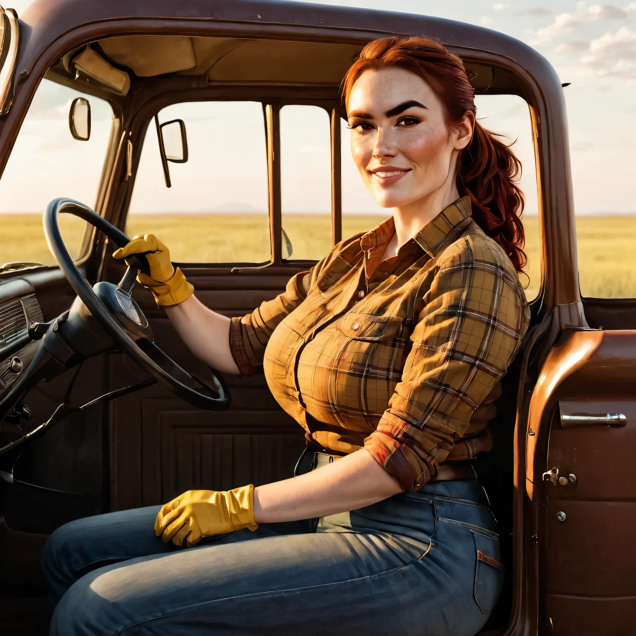 (photorealistic) a beautiful 35-year old scottish woman is posing next to an old red pick-up truck. She leans against the fender, her arms crossed. She is wearing a brown flanel shirt and a pair of dirty jeans, working gloves. The car is driving across the American prairie. She has brownish-red hair, hair in a ponytail. smirk on her face. pale skin and (freckles). (black eyebrows), (strong eyebrows), (high cheekbones), (brown eyes), (downturned eyes), (voluptuous), (huge breasts), motherly, plump
