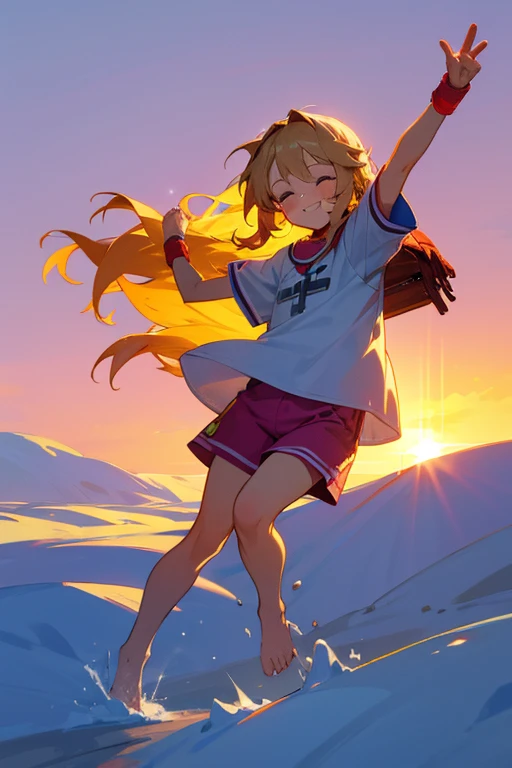 a cute 6 year old christian church girl named Zachary, brownish blonde hair, skinny, long wavy hair, in the arctic, wintertime, playing in the snow, short sleeved white sport jersey tshirt, pink shorts, cross necklace, playing in the snow, sunset, slight smile, wristbands, barefoot , winking, hand details, feet details, at the summit of a mountain, freckles