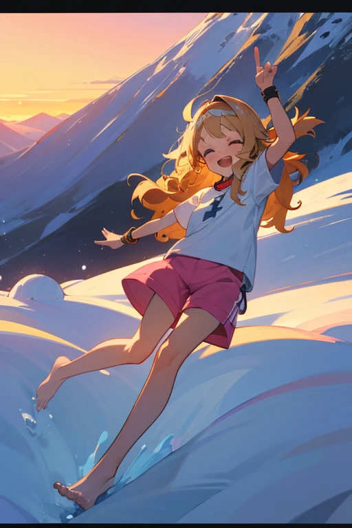 a cute 6 year old christian church girl named Zachary, brownish blonde hair, skinny, long wavy hair, in the arctic, wintertime, playing in the snow, short sleeved white sport jersey tshirt, pink shorts, cross necklace, playing in the snow, sunset, slight smile, wristbands, barefoot , winking, hand details, feet details, at the summit of a mountain, freckles