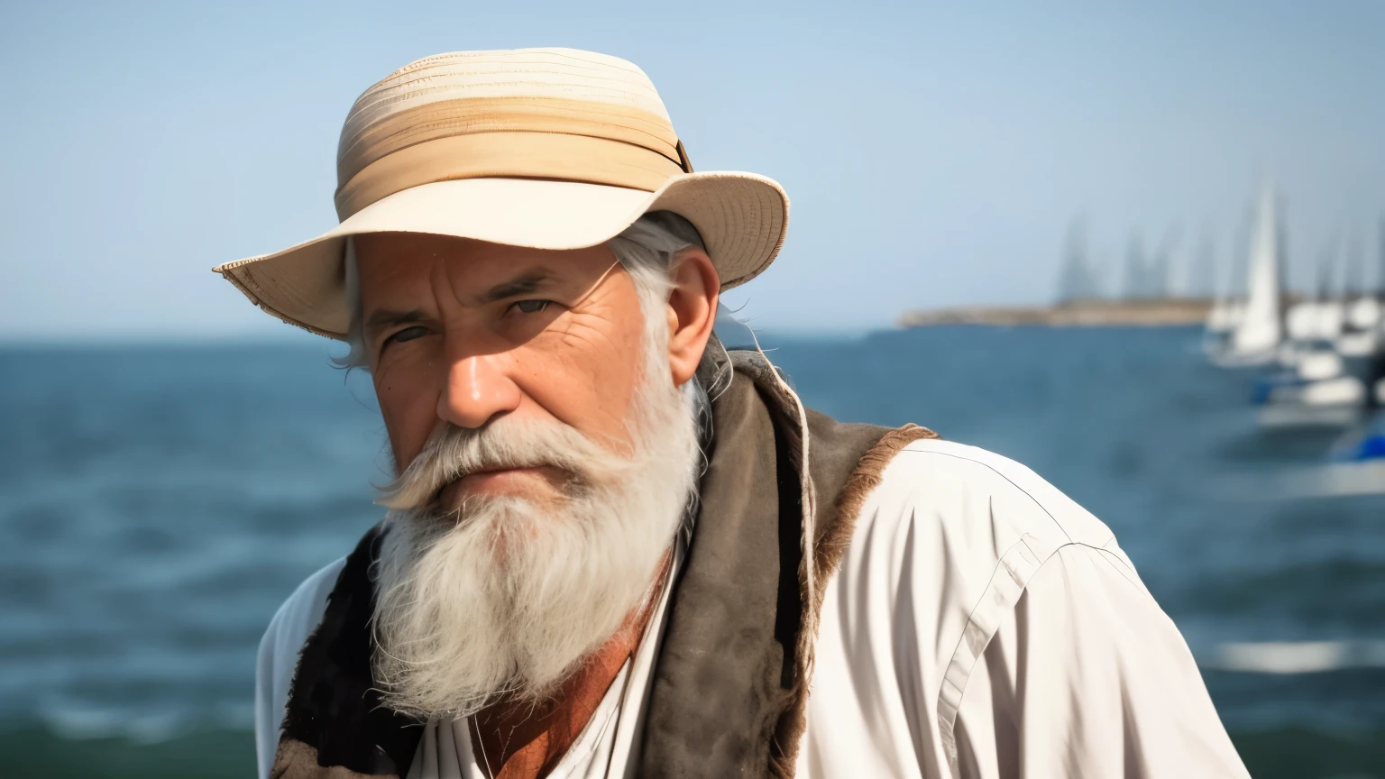 Um homem de 50 anos, big gray beard, sailor, white  shirt, White beret on head, with a pipe in his mouth, strong bodie, laughing, on a ship at sea, twilight