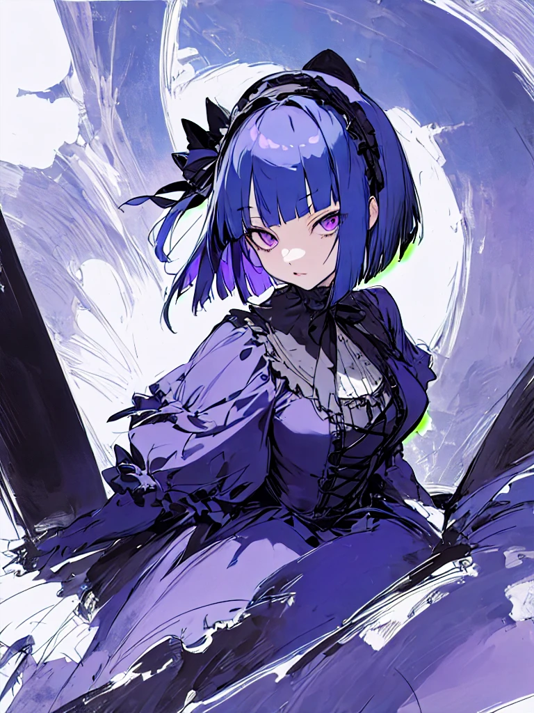 purple eyes,big tits,girl,blue hair,blue clothes,gothic lolita,bob cut,high-quality,full-length portrait or painting