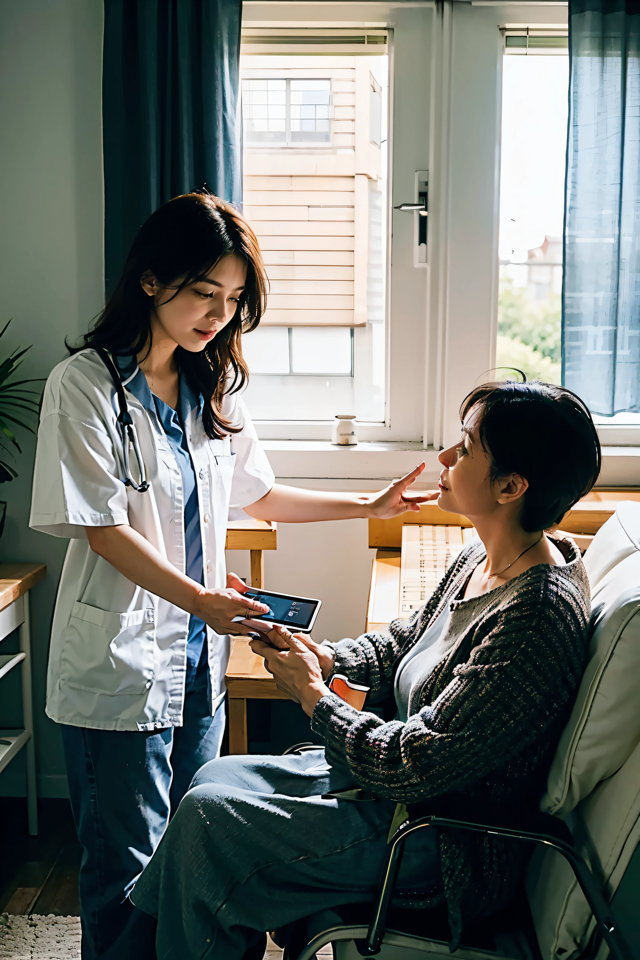 "Connected Care" is a vivid depiction of the modern landscape of healthcare at home. In the center of the image, a diverse group of individuals engages in telehealth consultations, their faces illuminated by the glow of digital screens. The expressions range from concern to relief, highlighting the emotional depth of these virtual interactions.

On one side, a caregiver assists with medication management, carefully reading prescriptions and ensuring proper dosage. The scene exudes a sense of trust and safety in the home environment.

On the other side, a tender moment unfolds as a family member provides care to a loved one, emphasizing the intimate dynamics of caregiving within the home.

Throughout the artwork, there are no visible logos or brand names, allowing the focus to remain on the authentic portrayal of home healthcare. The landscape orientation of the image enhances its narrative flow, inviting viewers to immerse themselves in the interconnected world of telehealth, self-care, and home caregiving.

"Connected Care" captures the essence of healthcare at home with clarity and compassion, showcasing the transformative impact of technology on personal well-being. Make it realistically 