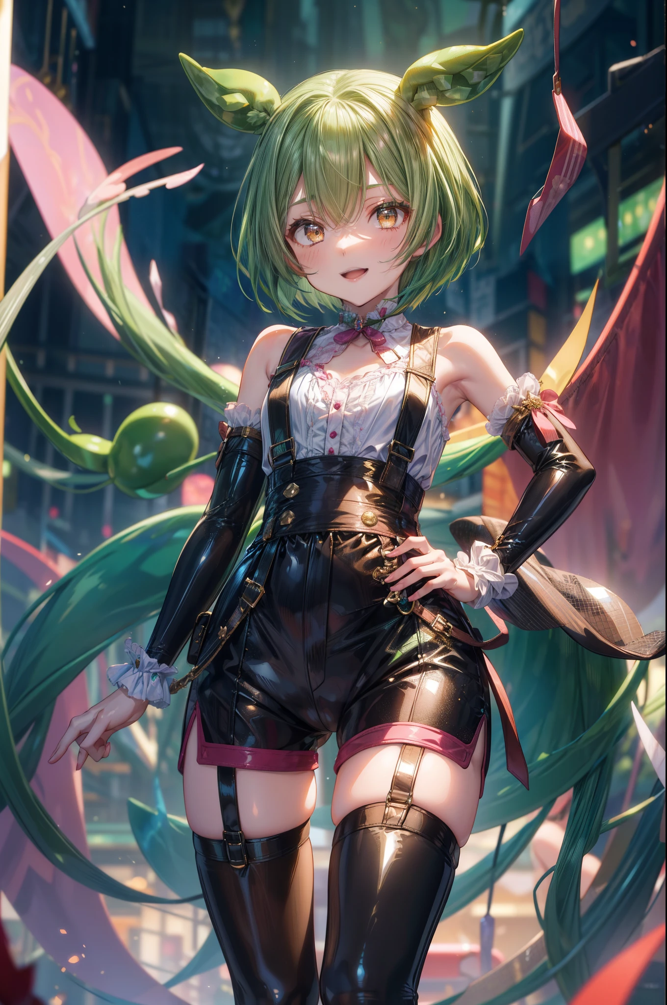 zundamon, Wearing shiny, ((black booty shorts with suspenders)), break, ((white no sleeve blouse)), ((white knee socks)), 4 defined fingers, 1 defined thumb, (looking at viewer), break, sexy, ((solo)), (1 girl), ((20 years old)), ((highest quality)), ((masterpiece)), (familiar), (skindentation), perfect face, 8k , cowboy shot, break, short hair, ((green hair1.5)), bob cut, black eye, beautiful princess, light smile, ((metallic costume)), small breasts, perfect limbs, (visible nipples:0.7), (camel toe:0.5), sexy, ((standing)), hand on hip, ((Thigh:1.5)), latex,