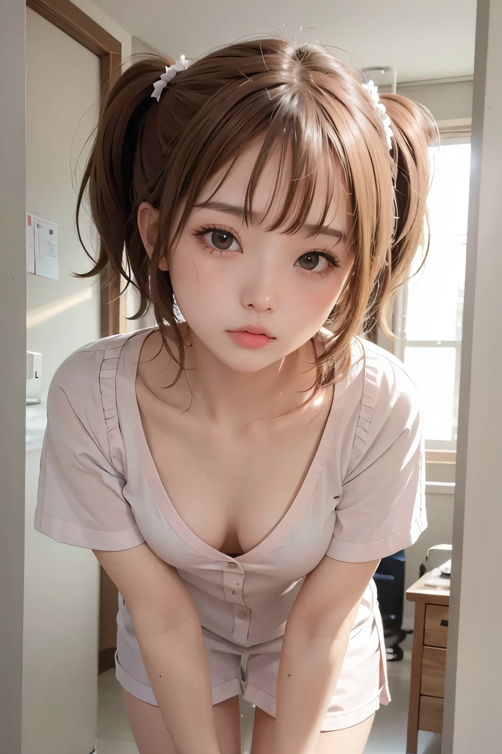 masterpiece, best quality, 1 girl, detailed beautiful face, ((pink nurse)), bent over, down blouse, smilingshort hair, waved hair, twintail, white hair, nurse uniform with a few buttons unbuttoned, kissing, (((pouting))), (sexy lips), shiny lips, sexy lips, (small breast)