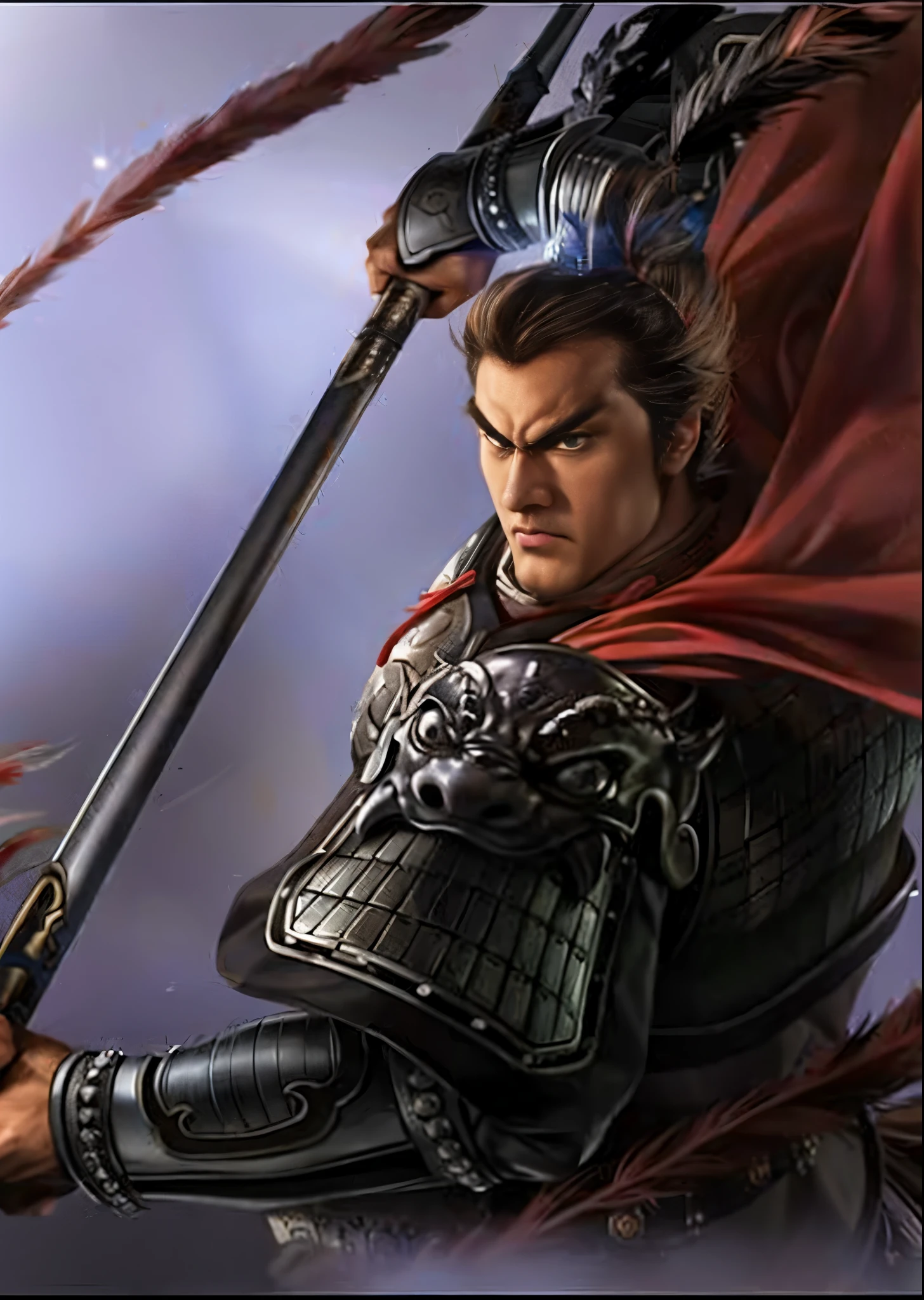 Close-up of a man holding a sword and sword, Chinese warrior, zhao yun, dynasty warriors, Inspired by Li Kan, Guan yu, bian lian, photo of adult male warrior, Three Kingdoms of China, author：Yang Jie, inspired by Wuzhun Shifan, feng shu, Inspired by Zhang Wo, hua cheng, Inspired by Zhao Yuan