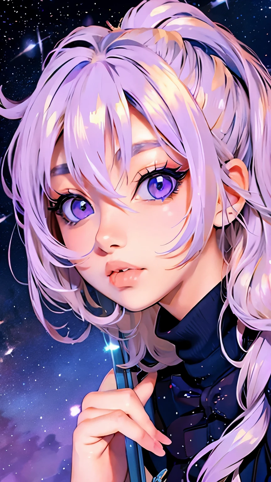 Anime style light blonde hair girl with violet color eyes blowing bubbles under the starry sky