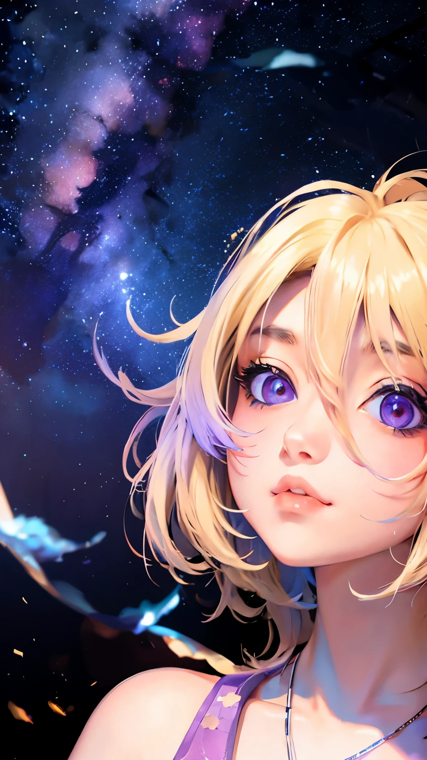 Anime style light blonde hair girl with violet color eyes blowing bubbles under the starry sky