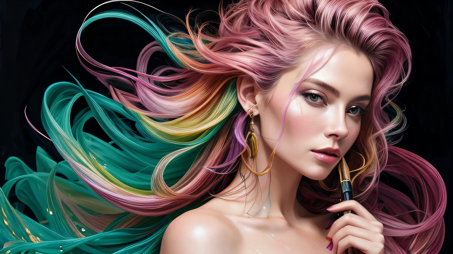 Mulher bonita e colorida: mulher de 35 anos, Messy hair, oil painting, beautiful and rosto perfeito with soft skin, rosto perfeito, pink green cores, light and violet magnetic additions, light red additions, Doutor, wearing Doutor's coat or suit holding newborn baby on lap intricate details home screen masterpiece in 8k resolution beautiful face photorealistic digital painting artstation smooth fluid black paint: Photorealistic masterpiece in 8K resolution: fluido de pintura em guache intrincadamente detalhado: by John Baptist Mongue: caligrafia : acrylic: Arte em aquarela, fotografia profissional, natural lighting, Ilustra??o fotografica maximalista com ilumina??o volumetric: por Marton Bobzert: complex, elegante, expansivo, Fantastic