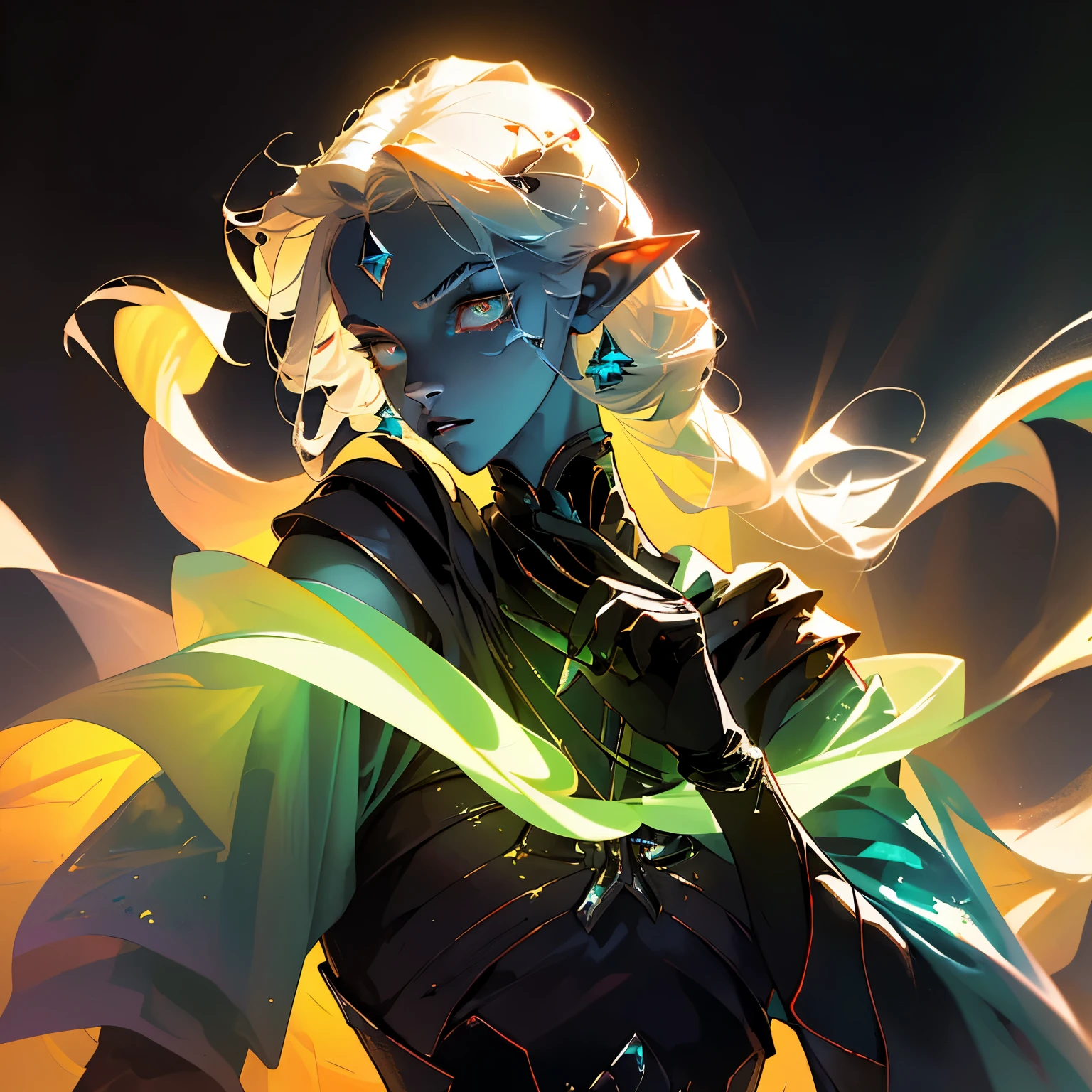 Polychrome Elf Knight, beauty face, cool vibe, detailed expression, upper body, facing viewer, limited palette, black background, glowing eyes:1.5, (polychrome aura:1.3), night setting, dark atmosphere, black hair flowing around, ((looking viewer)), perfect anatomy, (slender body), (chuppy body:1.4), intricate tattoos, polychrome clothing, stylish, (masterpiece:1.2), (best quality), 4k, ultra-detailed, (dynamic composition: 1.4), (luminous lighting, atmospheric lighting), mystical, magical realism, ((glove