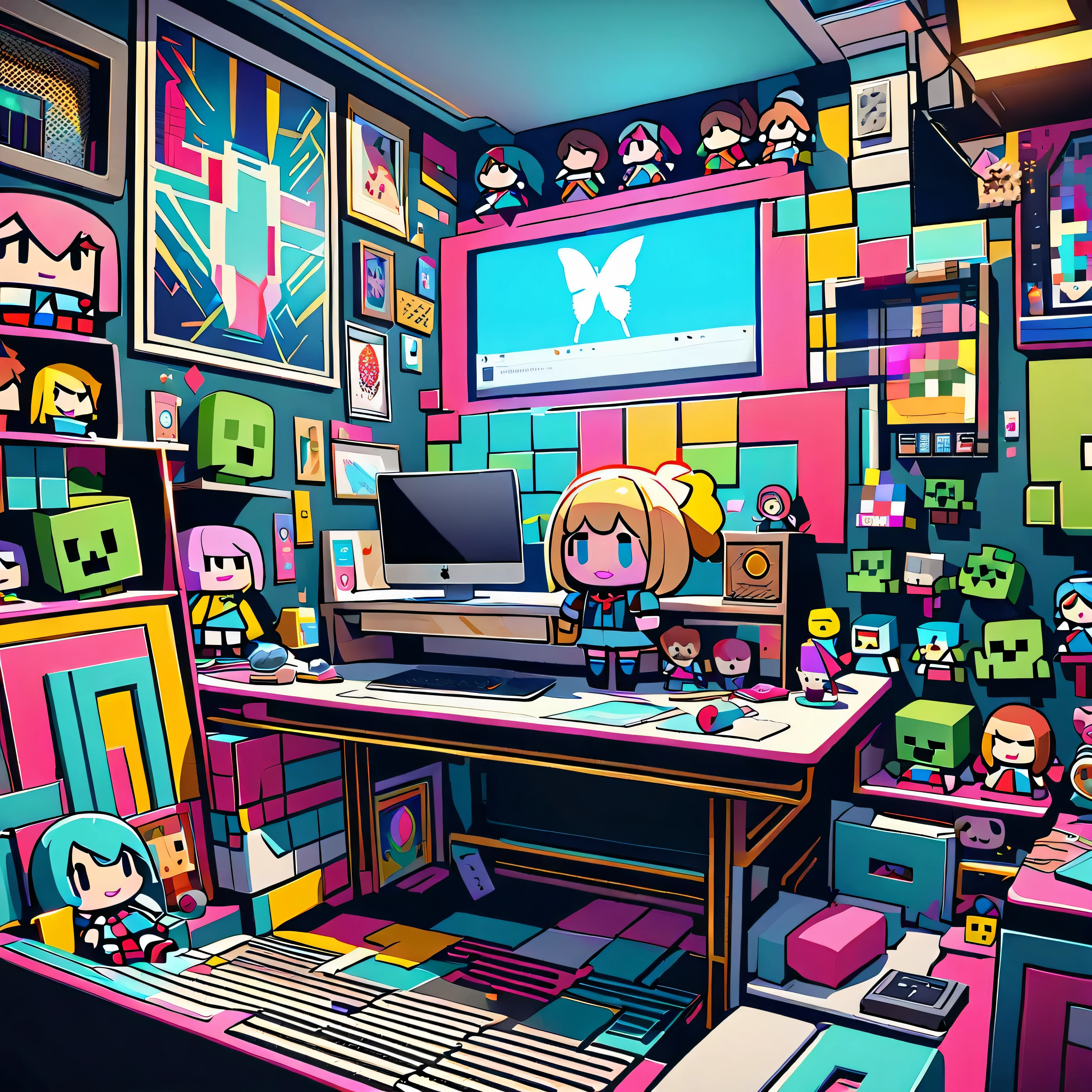 iluminacion de neon ,epic gorgeous, ultra high resolution image. The image must be super original and complex..., con una variedad de colores hermosos y vibrantes luces con letras de luces de neon colores vibrantes., Ultra_high-quality and ultra_High-definition), micro high desk, obra maestra, ((beautiful 14 year old playing video games on a latest generation PC smiling and having fun, gorra en la cabeza;1,3)),(( jugador, in a room with many intricate decorations, pose dinamica,(Creeper minicraft character dolls:1.4), publicaciones que hacen minecraft))), saturate, reflection, varied multi etc. --v 6 --s 1000 --c 20 --q5 --chaos 100
