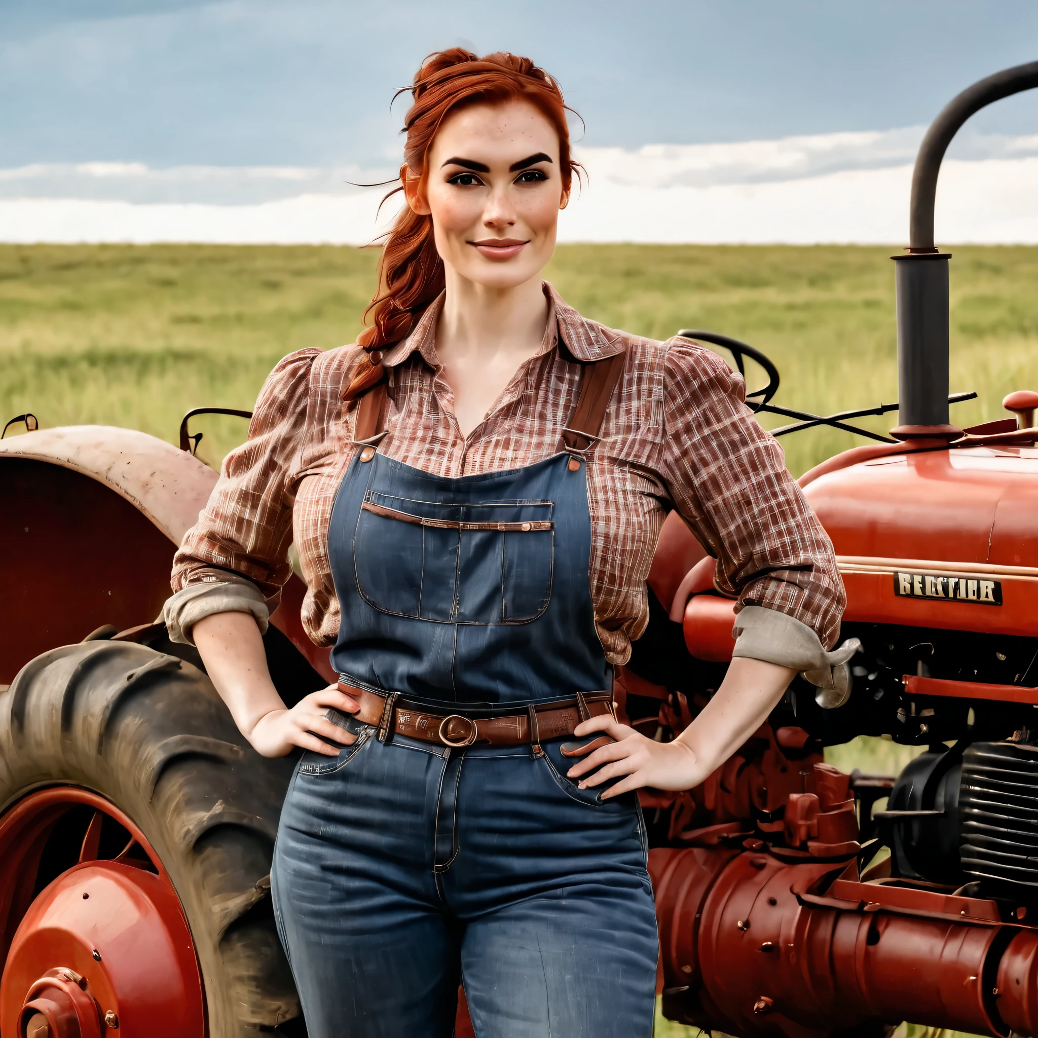(photorealistic) a beautiful 35-year old scottish woman is posing next to an old red pick-up truck. She leans against the fender, her arms crossed. She is wearing a brown flanel shirt and a pair of dirty jeans, working gloves. The car is driving across the American prairie. She has brownish-red hair, hair in a ponytail. smirk on her face. pale skin and (freckles). (black eyebrows), (strong eyebrows), (high cheekbones), (brown eyes), (downturned eyes), (voluptuous), (huge breasts), motherly, plump
