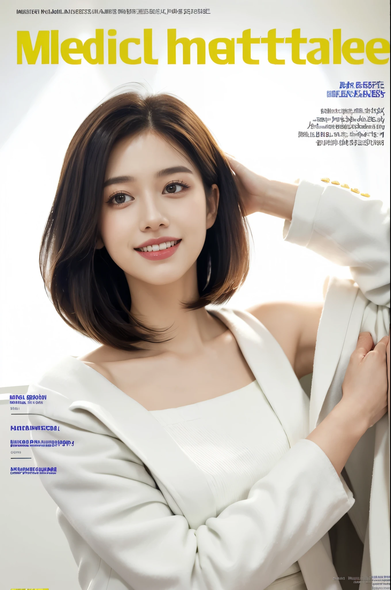 Masterpiece, Best quality,a beautiful female doctor,smile,(shoulder length straight bob hair:1.2),(doctor's white coat:1.3),hospital scene,(medical Magazine Cover:1.3) ,Upper body,slim,colorful fonts