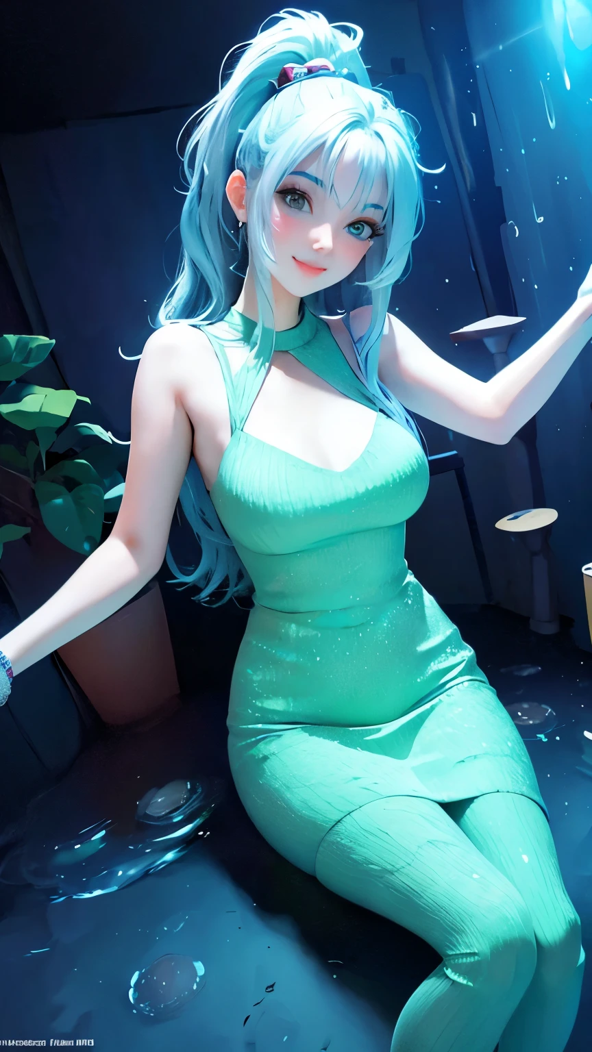 Anime style light blonde hair girl with violet color eyes blowing bubbles under the starry sky