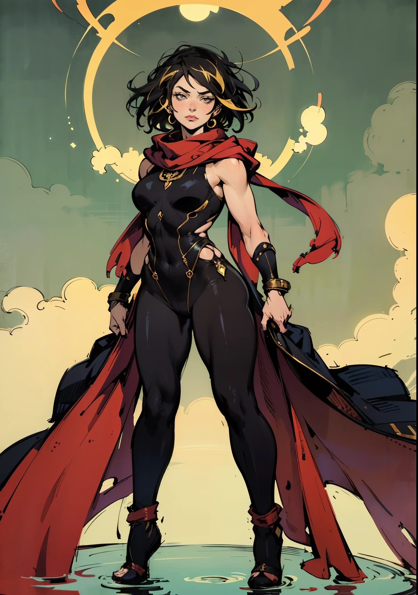 A  girl with short brown hair, delicate features, a focused gaze, a determined expression, she has a petite figure akin to a gymnast, adorned with a long flowing cape-like scarf in red and yellow hues, a fantasy-realism-style gymnastics leotard with a long hemline attached, paired with matching leggings, ((black as the main color, complemented by red and yellow accents)), (she poised on a vast stage enveloped in mystery, she emitting a sacred glow in the dim environment), this character embodies a finely crafted fantasy-realism-style dancer in anime style, exquisite and mature manga art style, perfect body, porcelain skin, high definition, best quality, highres, ultra-detailed, ultra-fine painting, extremely delicate, professional, anatomically correct, symmetrical face, extremely detailed eyes and face, high quality eyes, creativity, RAW photo, UHD, 32k, Natural light, cinematic, masterpiece-anatomy-perfect, masterpiece:1.5