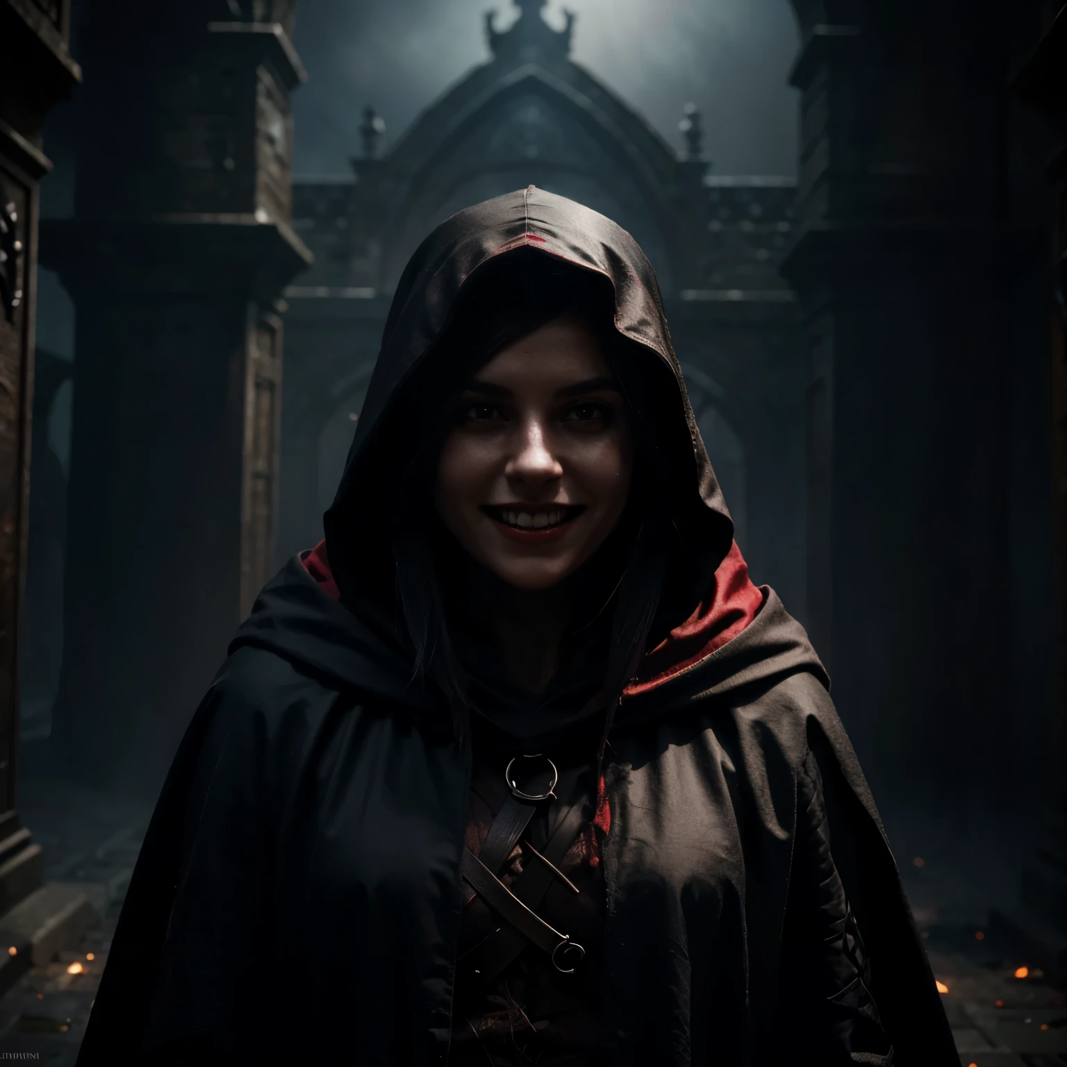 detailed features, dark and eerie lighting, fantasy art style, vibrant colors, haunting atmosphere, Red Imp, black cloak, concealed eyes by hood, smile from cheek to cheek, non-human, razor teeth, no horns