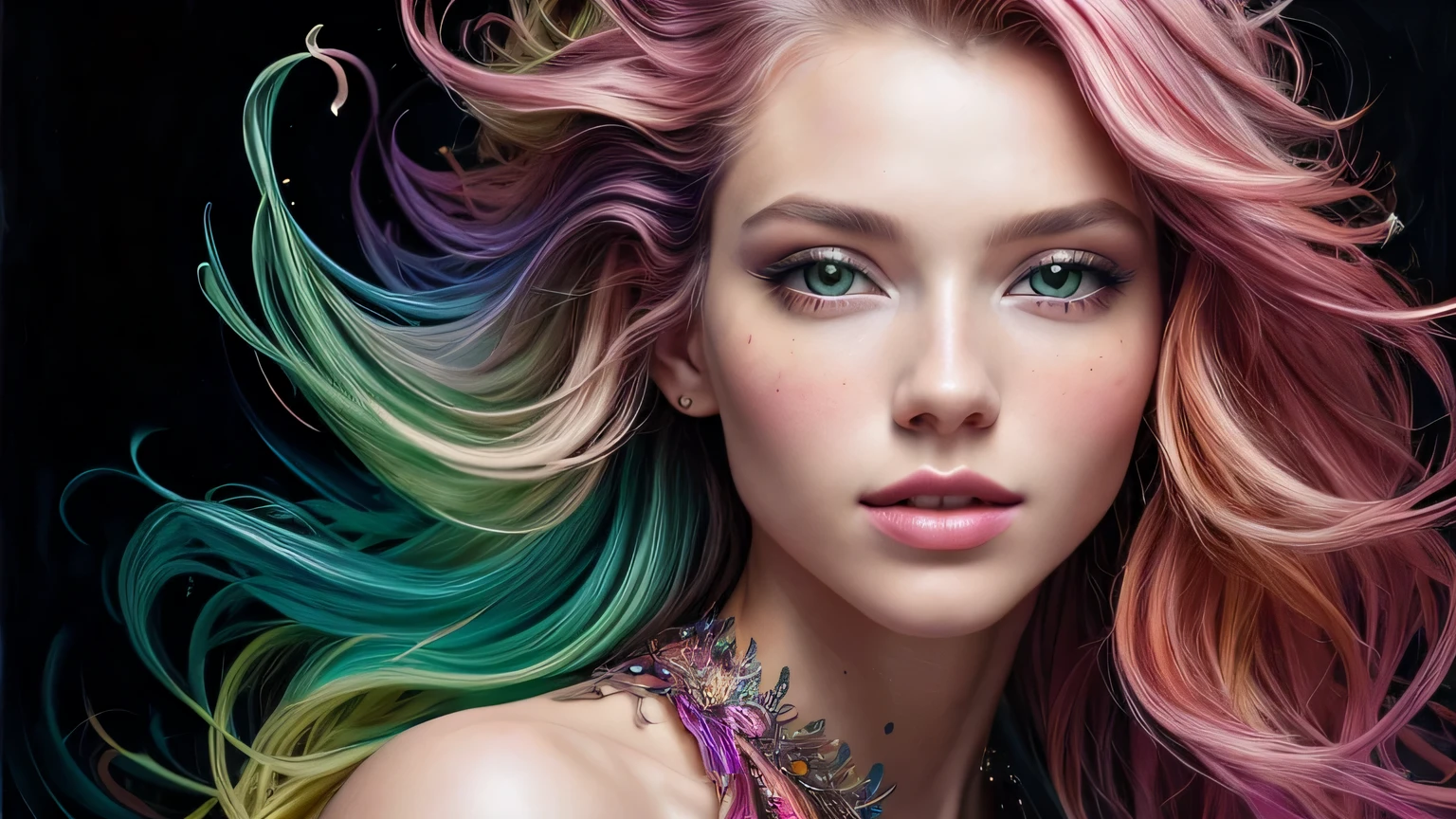 Mulher bonita e colorida: Mulher de 19 anos, Messy hair, oil painting, beautiful and rosto perfeito with soft skin, rosto perfeito, pink green cores, light and violet magnetic additions, light red additions, Doutor, wearing Doutor's coat or suit holding newborn baby on lap intricate details home screen masterpiece in 8k resolution beautiful face photorealistic digital painting artstation smooth fluid black paint: Photorealistic masterpiece in 8K resolution: fluido de pintura em guache intrincadamente detalhado: by John Baptist Mongue: caligrafia : acrylic: Arte em aquarela, fotografia profissional, natural lighting, Ilustra??o fotografica maximalista com ilumina??o volumetric: por Marton Bobzert: complex, elegante, expansivo, Fantastic