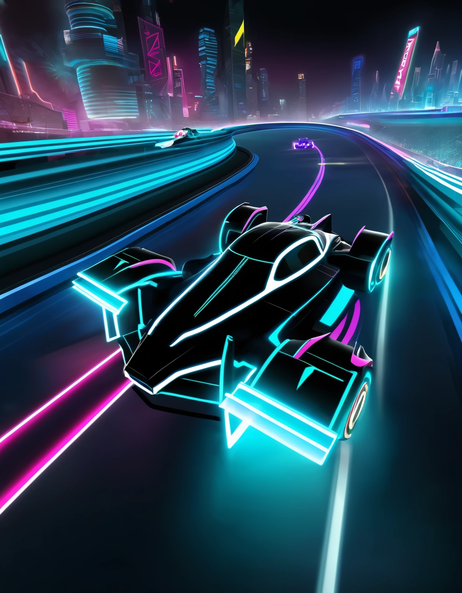 In the video game world of Tron, neon lit sleek race cars streak down a virtual track