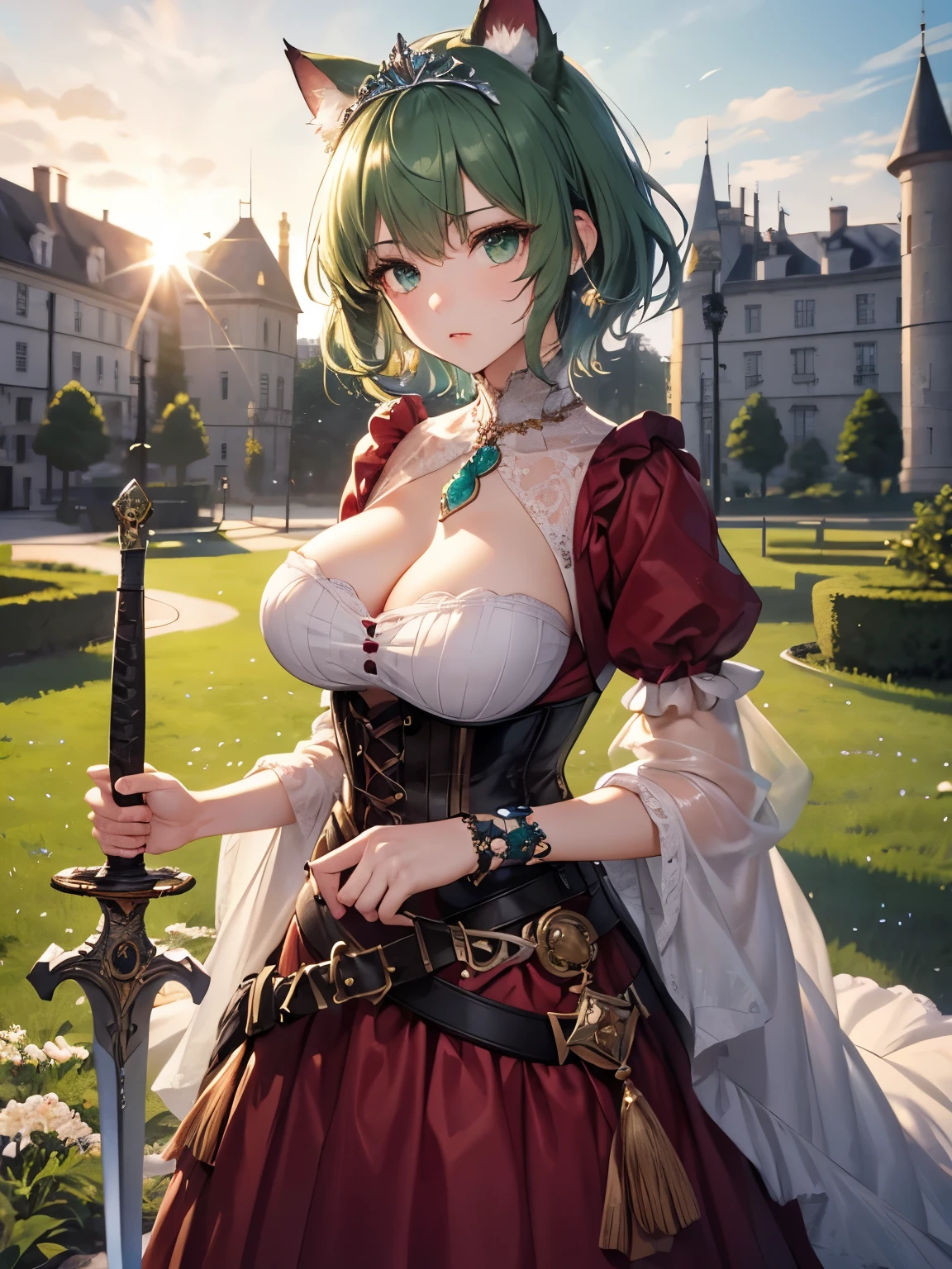 highest quality,wonderful,masterpiece,delicate,ultra high resolution,Super detailed,intricate details,beautiful,8K resolution,(Highly detailed CG Unity 8K wallpaper),sharp focus、anime、fiction、one woman、dark green hair girl 、Metallic colored hair、short hair、Cat ear、big breasts、vivid hair、shaggy hair、messy hair、vivid skin、Glossy skin、 face、ta、short、cute、beautiful eyes、serious expression、serious、cool、princess、cute柄のドレス、red dress、long skirt、tiara、corset、Holding a big sword、hold a large sword、sword,outside the city、noon、sun、sunny、outdoor、grassland、castle in the background、luxury ring、Luxury accessories