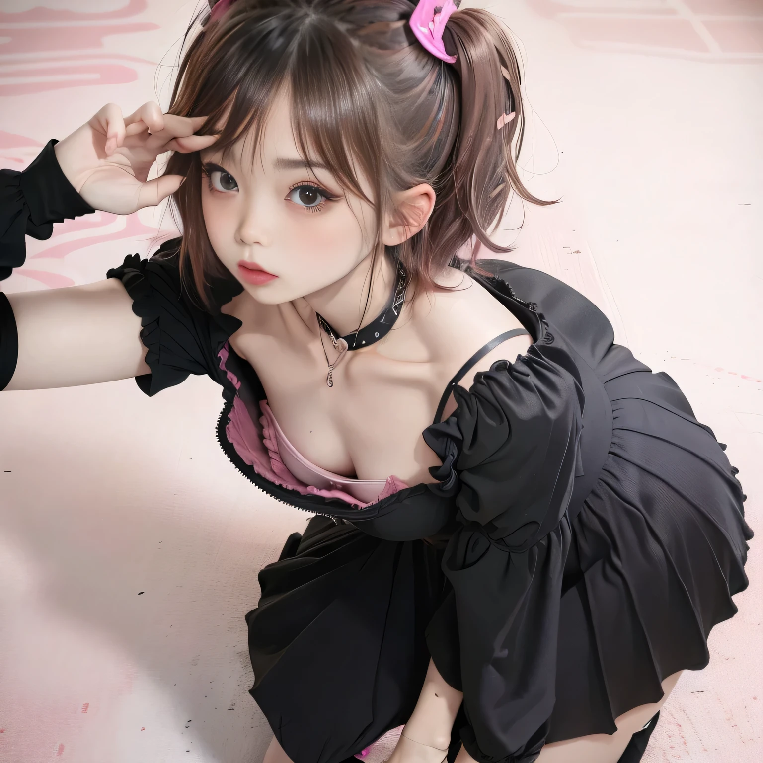 highest quality, soft light, ultra high resolution, 8K, (realistic:1.4), Raw photo,  pretty girl, alone, (((flat chest))), down blouse, small breasts, sensual, Detailed loose pink lingerie with ruffle decoration,overlap short sleeve black shirt ,(small box),(High resolution details of human skin texture), short hair,necklace ,From above 