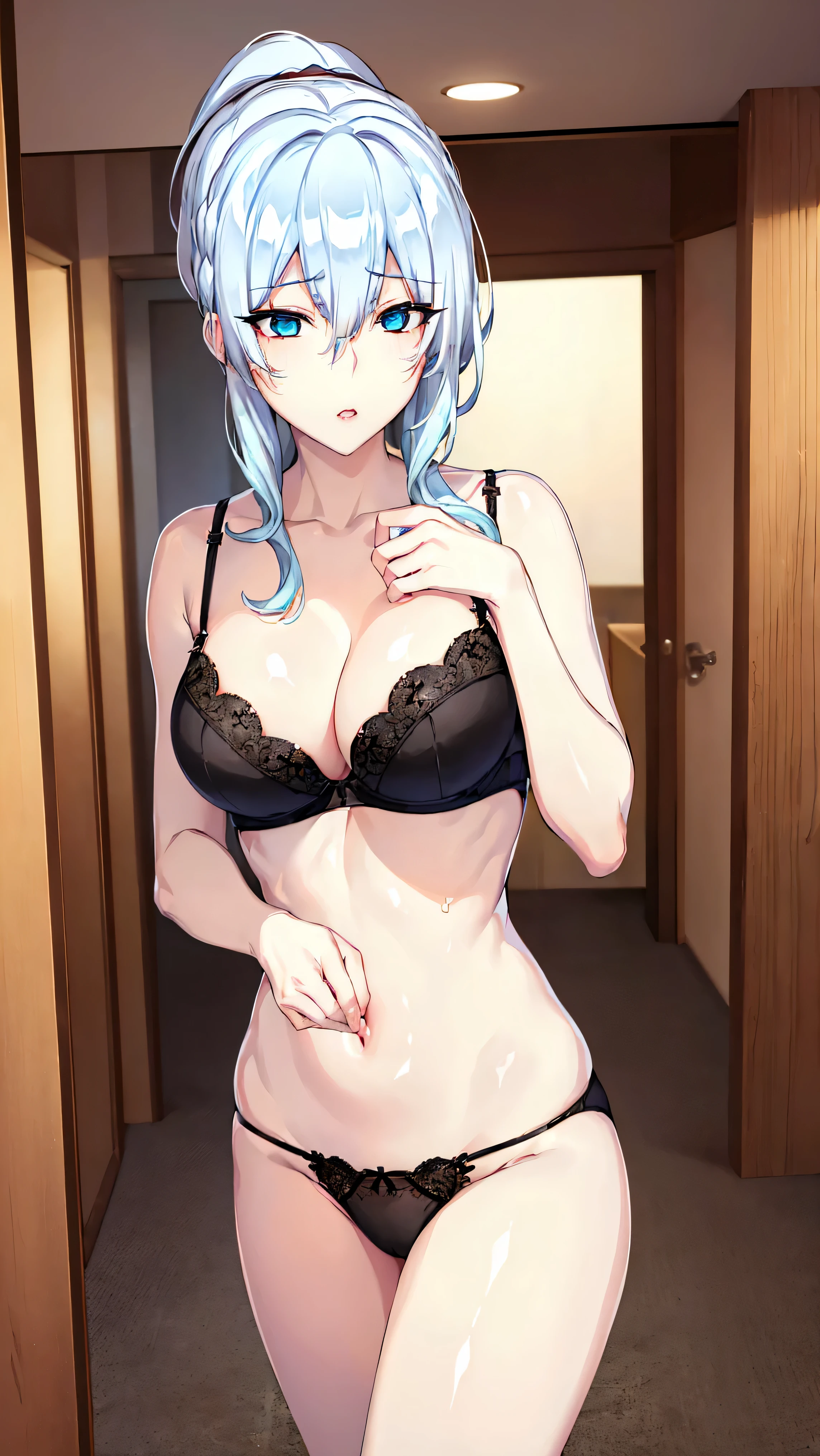 Yukio Yukino, Yuna Yukino, Long hair, Bangs, Blue eyes, hair between eye, Blue hair, Ponytail,looking at the viewers, (Cowboy Shot:1.5),BREAK (masutepiece:1.2), Best Quality, High resolution, Unity 8k壁纸, (Illustration:0.8), (Beautiful detailed eyes:1.6), extra detailed face, Perfect Lighting, extremely details CG, (Perfect hands, Perfect Anatomy)、(black panties:1.3)、(Fully exposed panties:1.5)、(Bra is fully exposed:1.5),(Black bra:1.3),solo、(in a house)、red blush、embarrassed from、