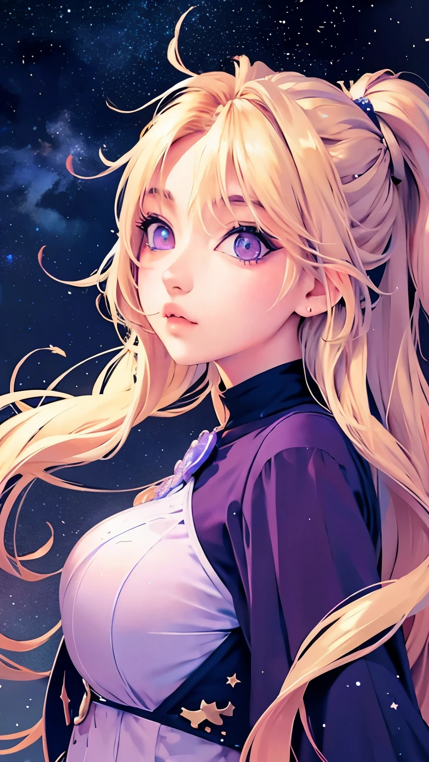 Anime style light blonde hair girl with violet color eyes blowing bubbles under the starry sky