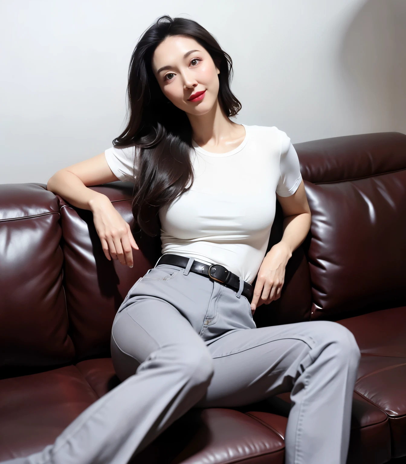 Draw lips correctly, red lipstick, from chest up, best quality, Super detailed, lifelike, Super fine skin, perfect anatomy, (1 日本Mature的女人), (alone),Wear a white crew neck shirt,short sleeve,Gray jeans,trousers,black belt,wavy long hair,37-year-old female,Mature,charming smile,indoor background:Luxurious large sofa、flower,stand up,Leg length,Chubby body,Big breasts,stand,full-body shot