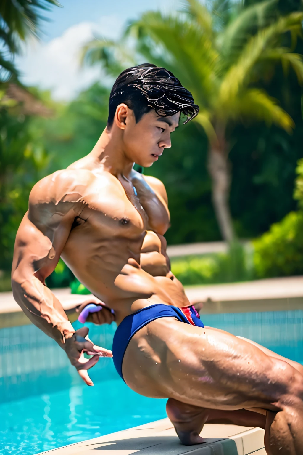 Take realistic and clear photos of a young Asian male tight and small swimmer showcasing his sexy, toned bodybuilder physique by the poolside. He has a harmonious balance of lean limbs with defined muscles, radiating health and strength. Capture every detail in high quality, emphasizing the sheen of his wet skin and the glinting reflection on his tanned, sculpted body