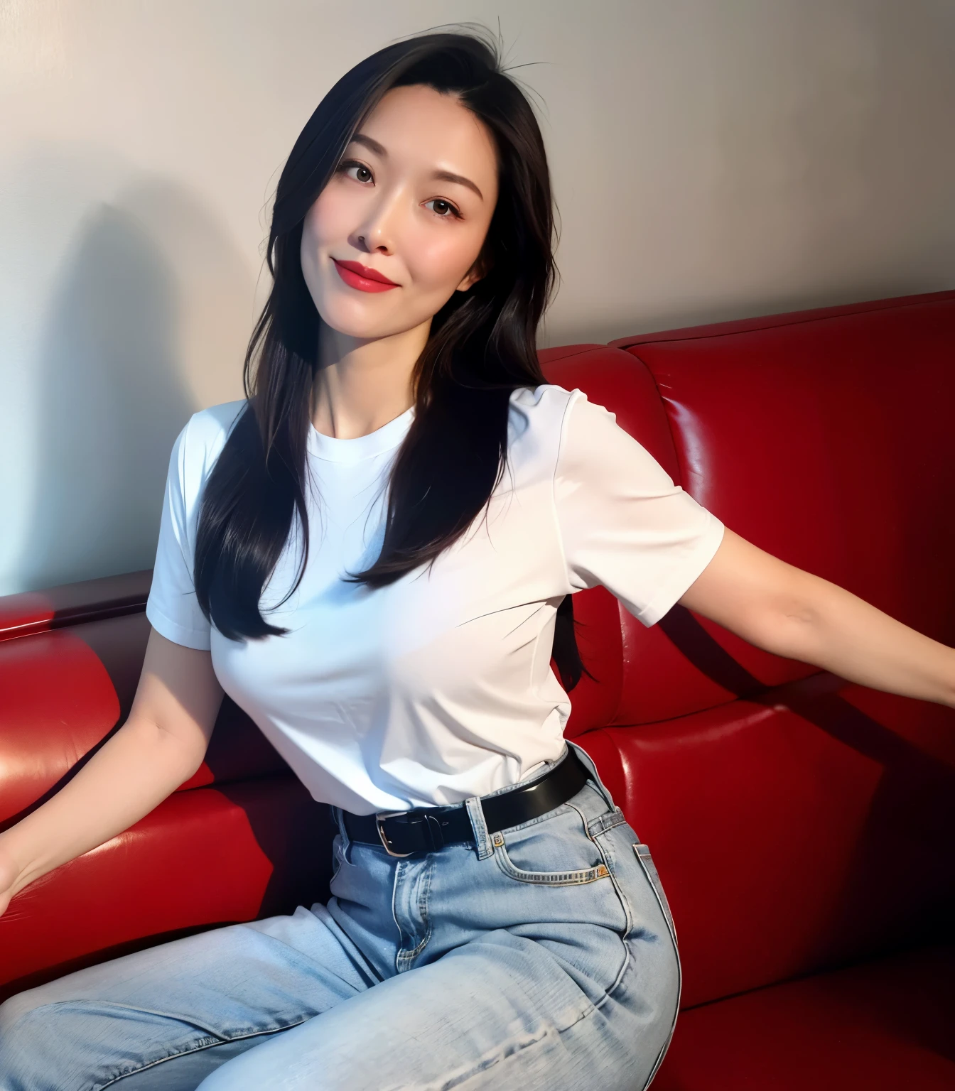 Draw lips correctly, red lipstick, from chest up, best quality, Super detailed, lifelike, Super fine skin, perfect anatomy, (1 日本Mature的女人), (alone)，Wear a white crew neck shirt，short sleeve，Gray jeans，trousers，black belt，wavy long hair，37-year-old female，Mature，charming smile，indoor background：Luxurious large sofa、flower，stand up，Leg length，Chubby body，Big breasts，stand，full-body shot
