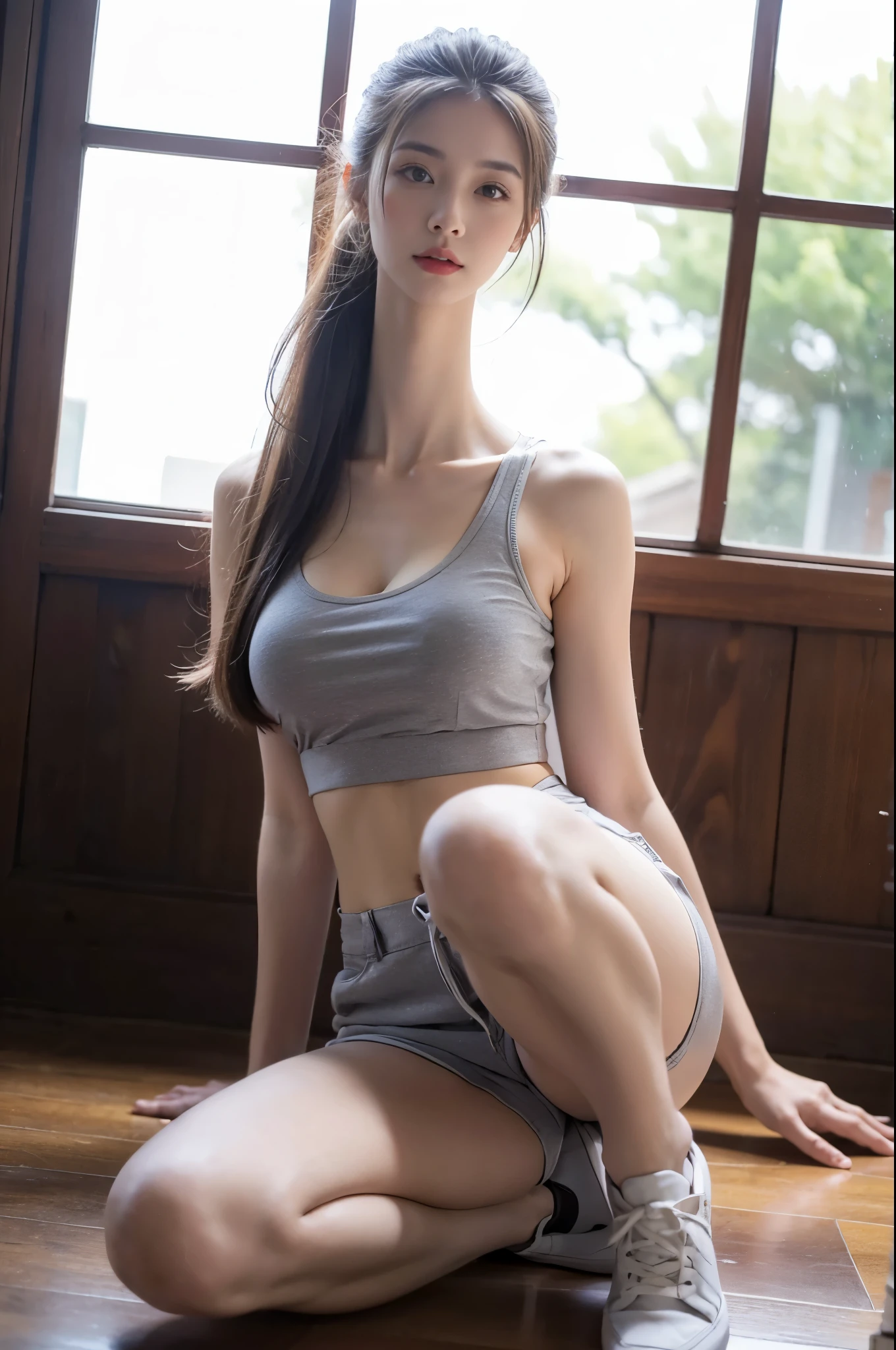 a beautiful young woman, long flowing hair, striking grey eyes, large breasts, tank top and shorts, professional photo, shot from the knees up, dramatic colors, looking at viewer, (longneck:1.4)