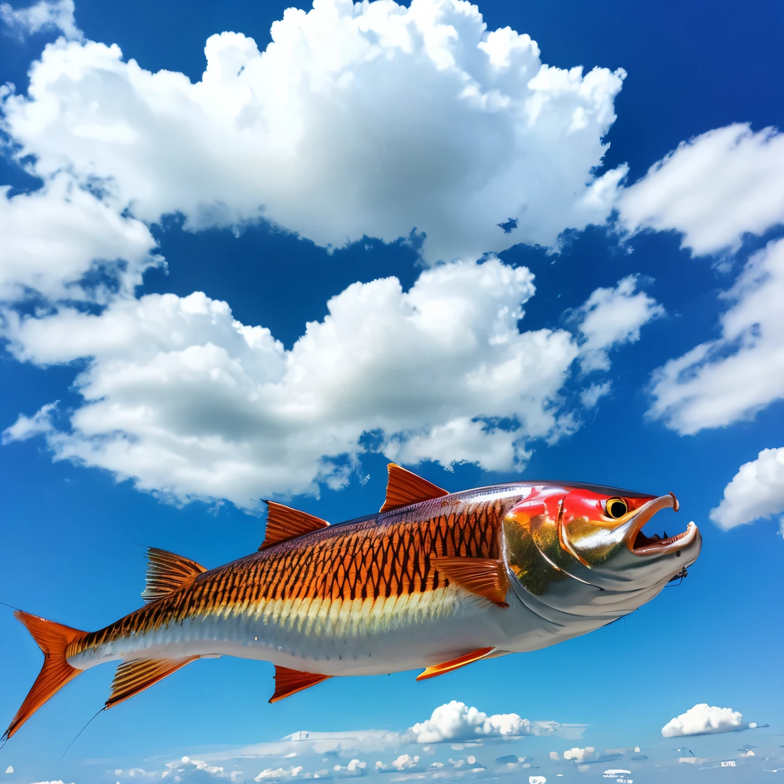 A cat fishing fish by fishing rod on clouds in the sky