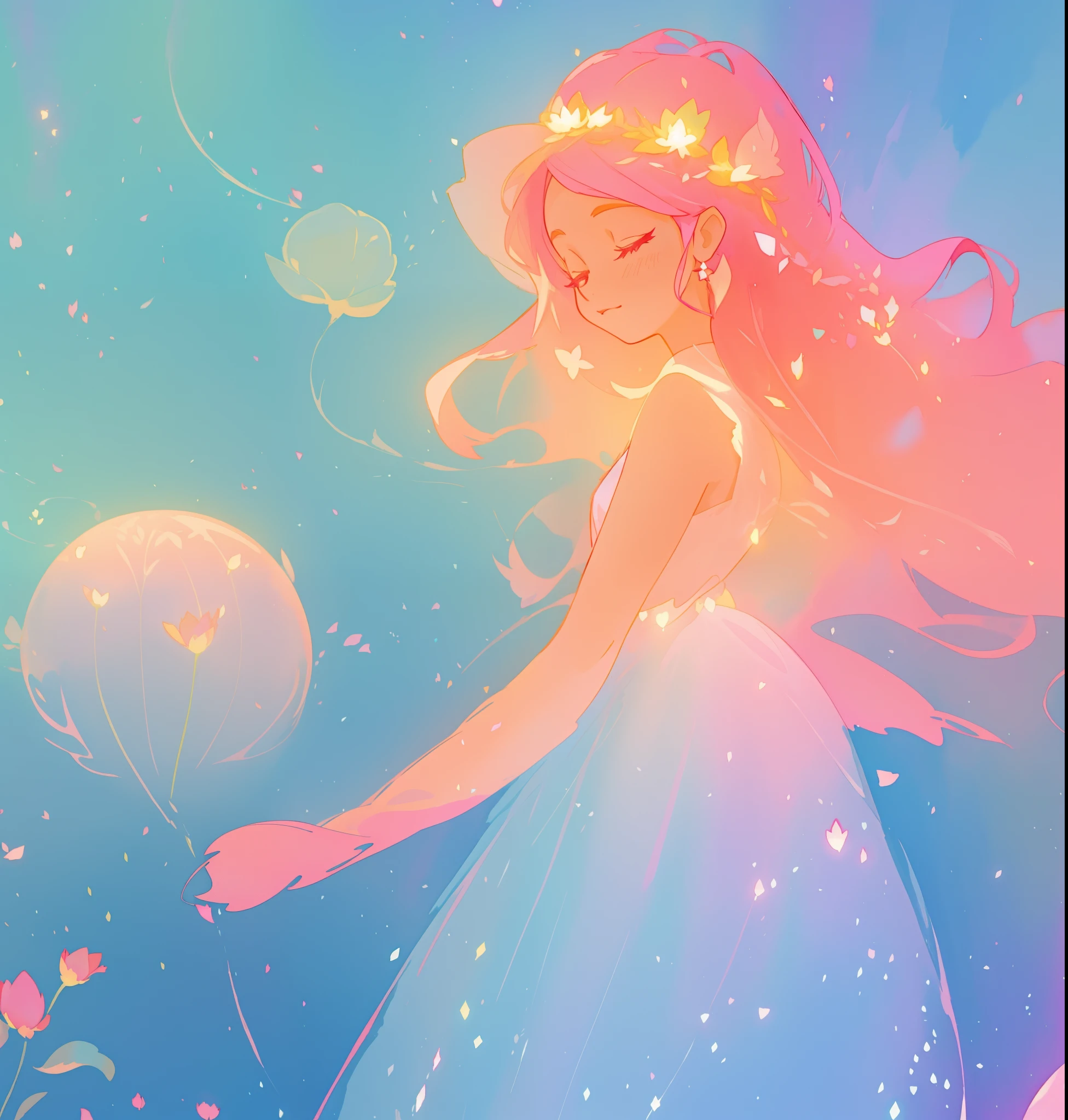 beautiful girl in sparkling flowing dress, long flowing pink hair, colorful fantasia background, watercolor illustration, disney art style, glowing aura around her, glowing lights, beautiful digital illustration, fantasia otherworldly landscape plants flowers, beautiful, masterpiece, best quality, anime disney style